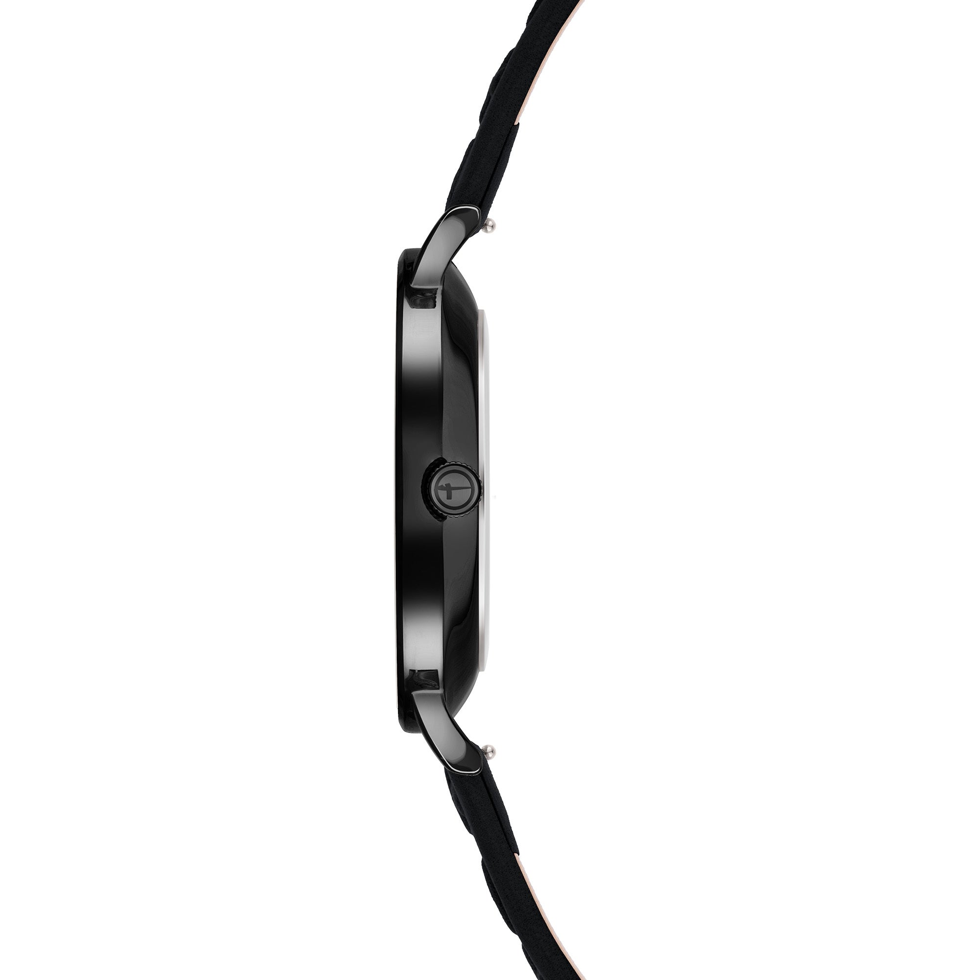 Tamaris Armbanduhr mit schwarzem Zifferblatt, flachem, schwarzem Gehäuse und schwarzem Lederband mit Logo Pattern Prägung; Seitenansicht
