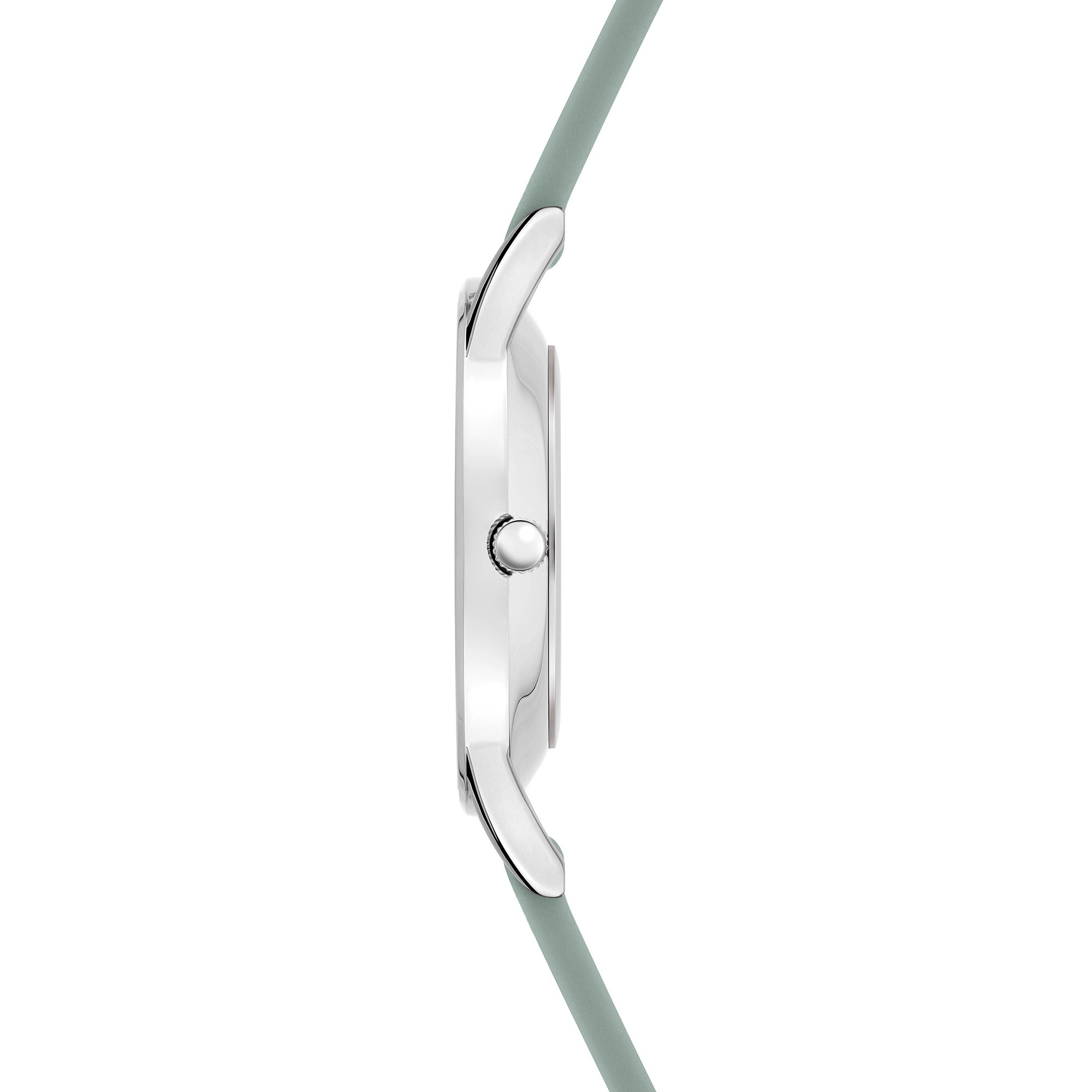 Seitenansicht der Tamaris Armbanduhr - The Colour Classic von Tamaris, mit silbernem Gehäuse, sportlichem grünem Armband und runder Krone - ein elegantes Basic für jede Gelegenheit.