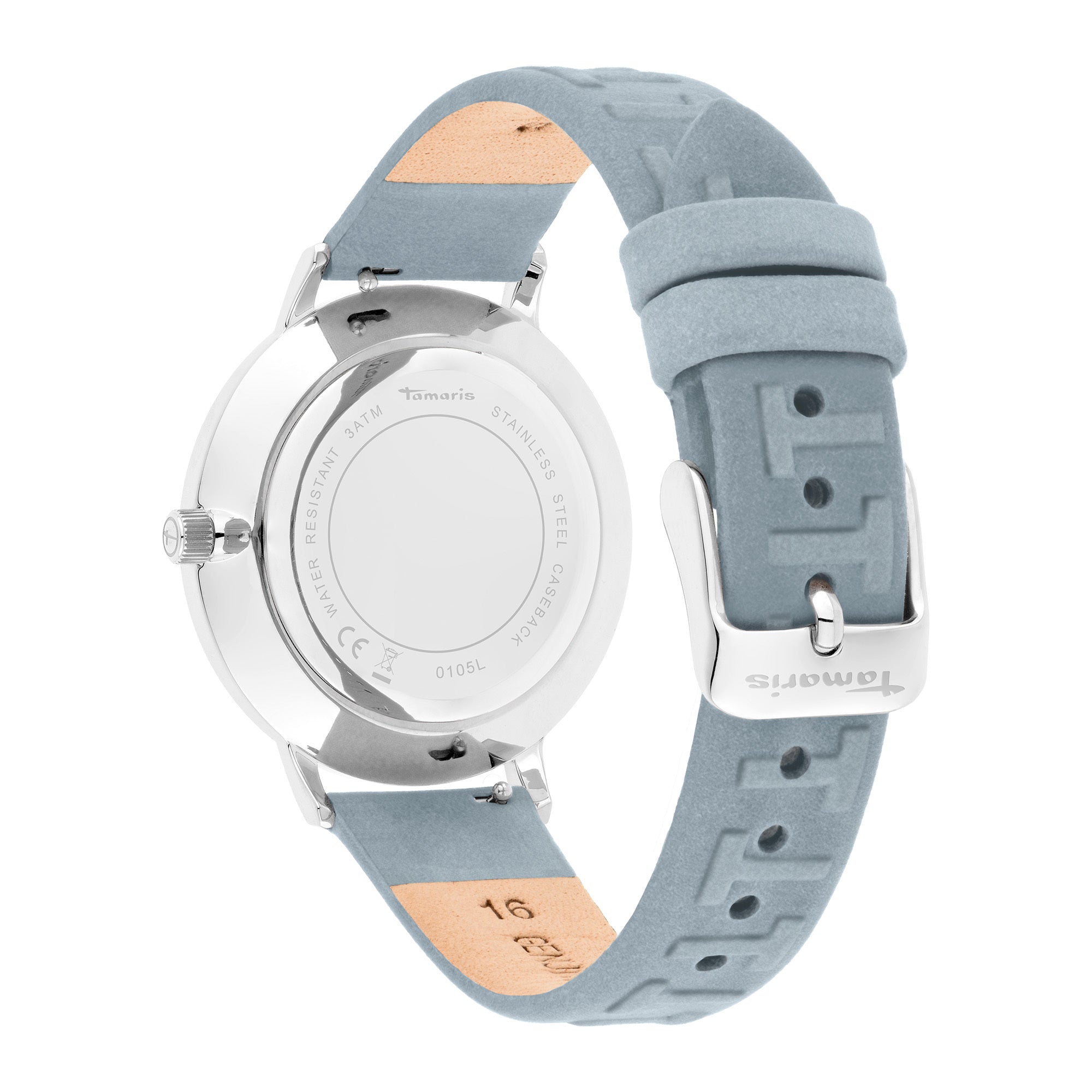 Tamaris Armbanduhr mit flachem, silbernem Gehäuse und blauem Lederband mit Logo Pattern Prägung; Rückansicht