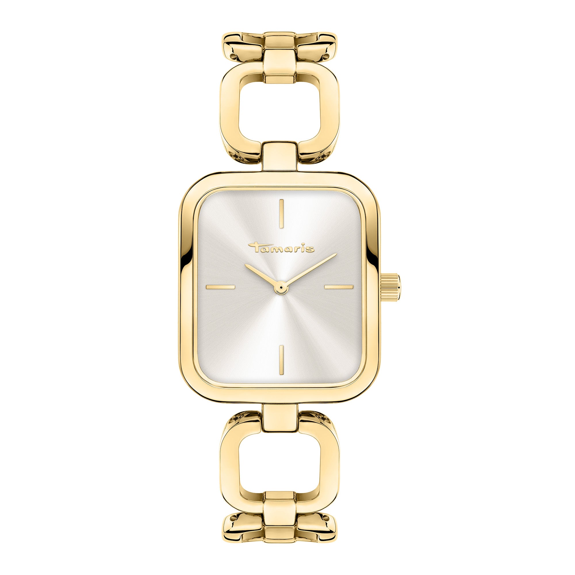 Tamaris Armbanduhr mit goldenem Zifferblatt, rechteckigem, flachen, goldenem Gehäuse und goldenem Metallband; Produktbild