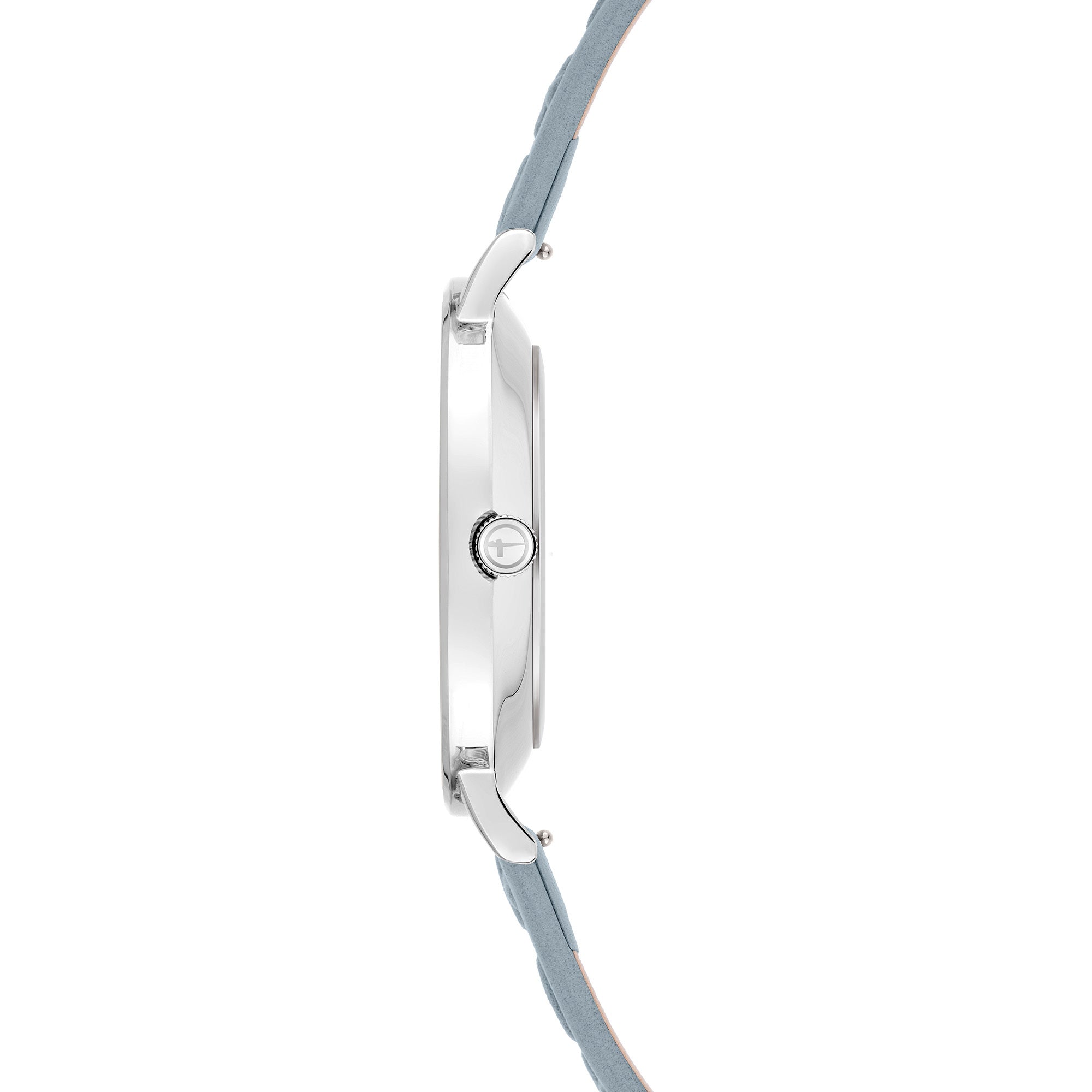 Tamaris Armbanduhr mit flachem, silbernem Gehäuse und blauem Lederband mit Logo Pattern Prägung; Seitenansicht