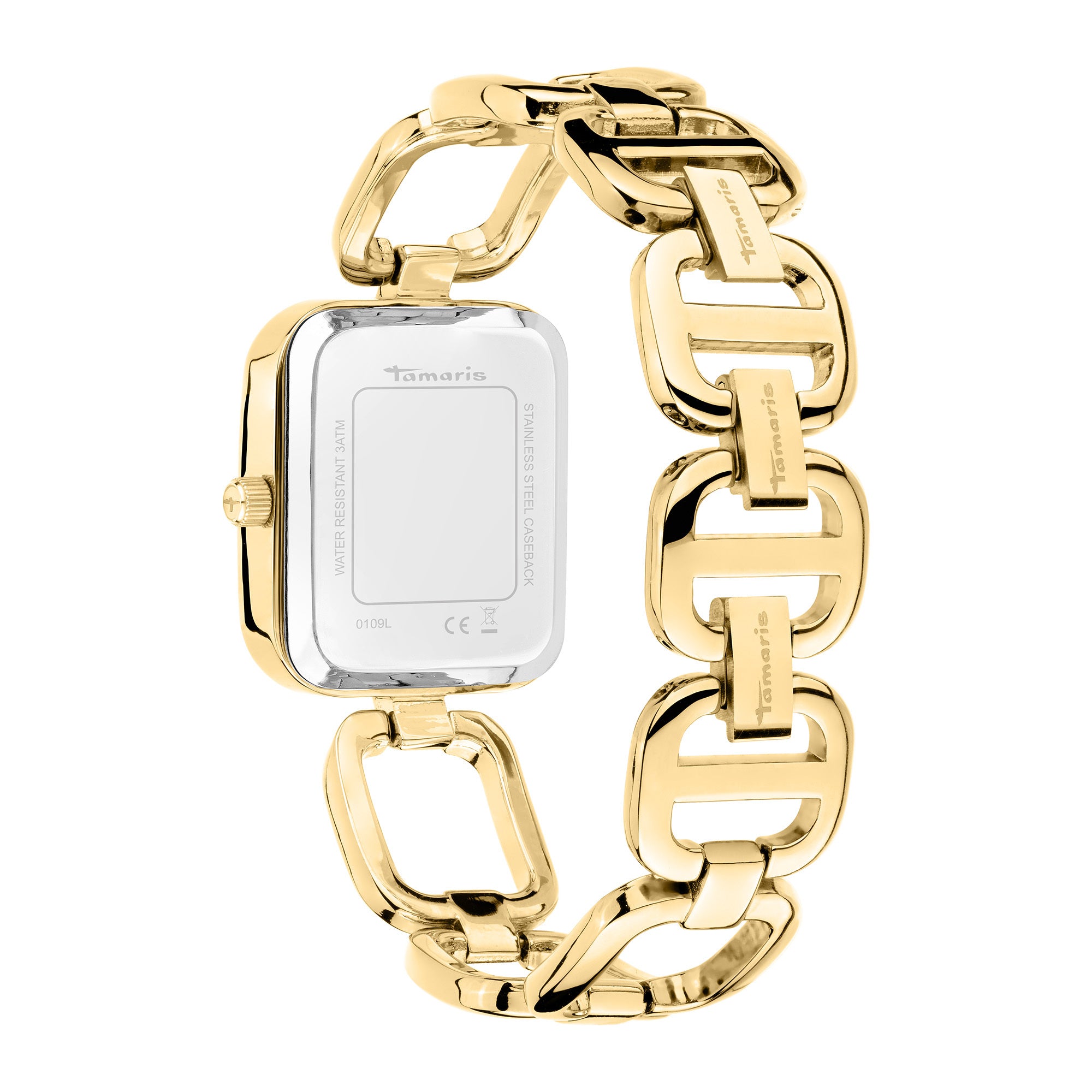 Tamaris Armbanduhr mit goldenem Zifferblatt, rechteckigem, flachen, goldenem Gehäuse und goldenem Metallband; Rückansicht