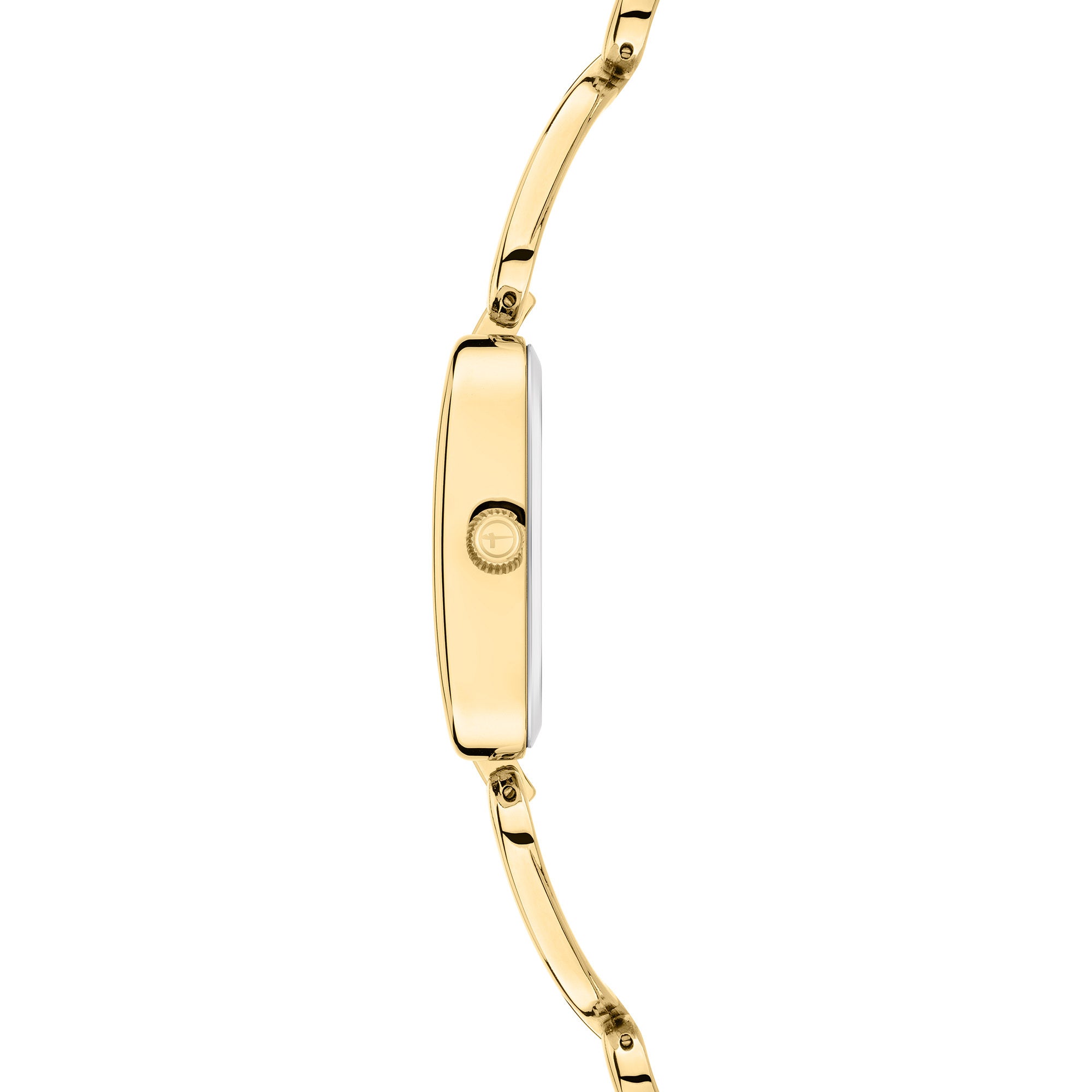 Tamaris Armbanduhr mit goldenem Zifferblatt, rechteckigem, flachen, goldenem Gehäuse und goldenem Metallband; Seitenansicht