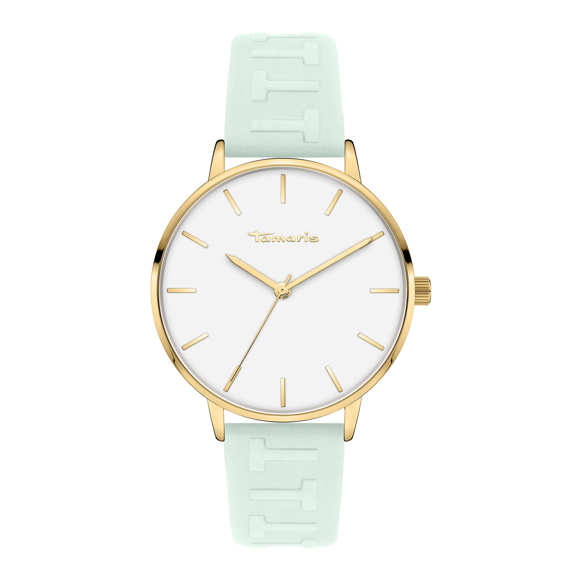 Tamaris Armbanduhr mit flachem, goldenem Gehäuse und grünem Lederband mit Logo Pattern Prägung; Produktbild