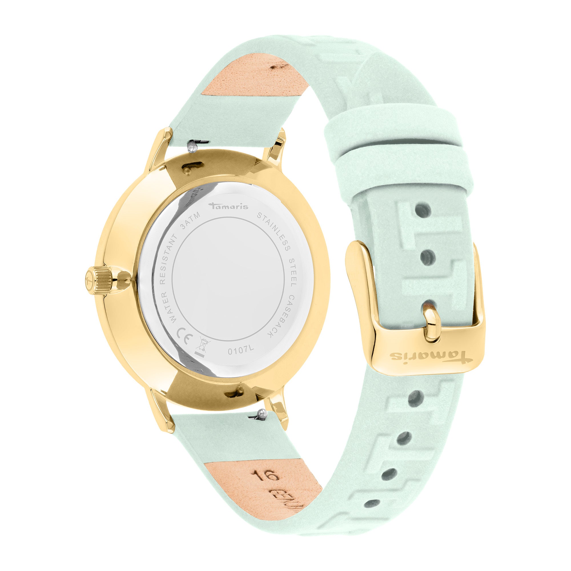 Tamaris Armbanduhr mit flachem, goldenem Gehäuse und grünem Lederband mit Logo Pattern Prägung; Rückansicht