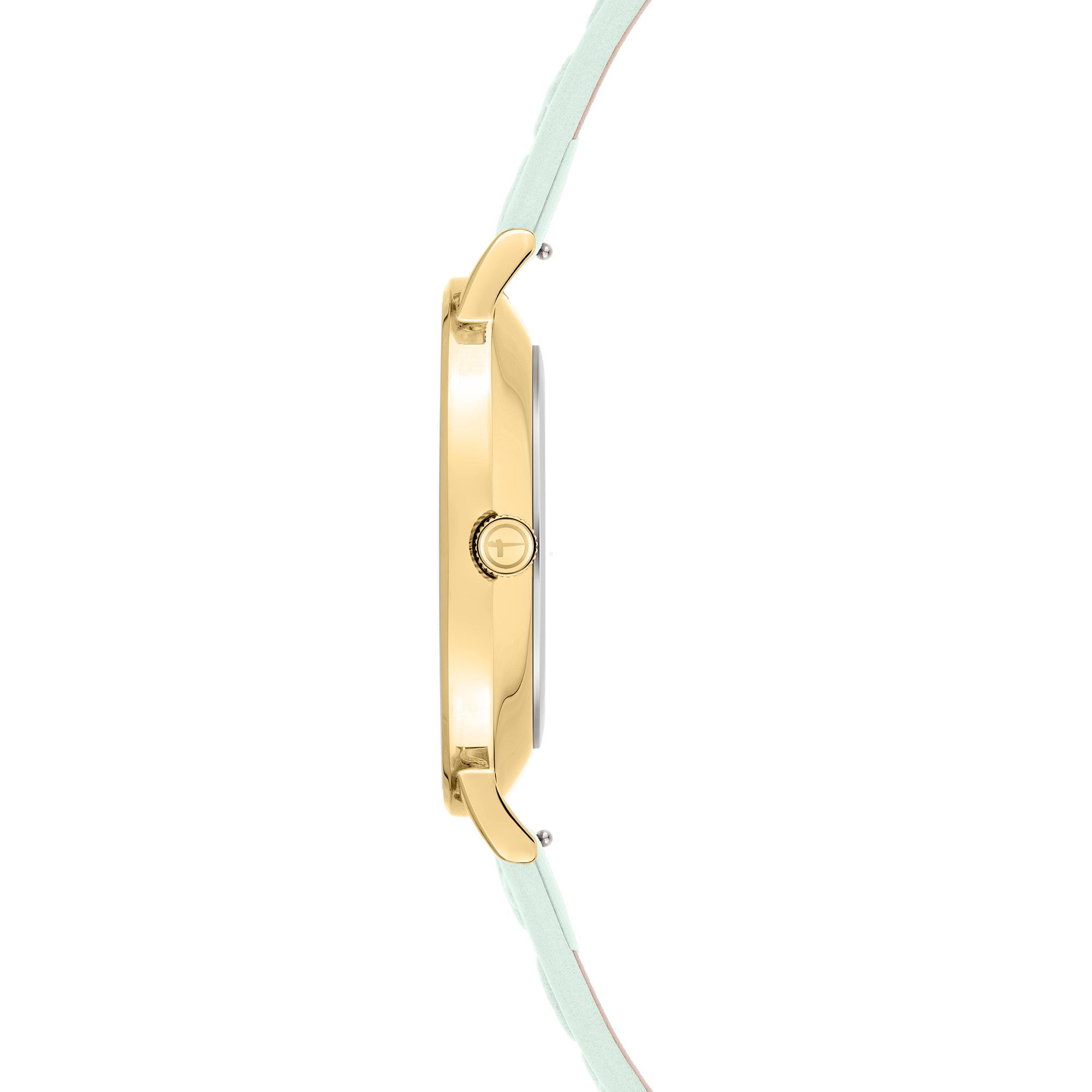 Seitenansicht der Tamaris Armbanduhr - The Modern Classic mit goldenem Gehäuse, schwarzem Zifferblatt und hellblauem Lederarmband von Tamaris, dargestellt vor weißem Hintergrund.