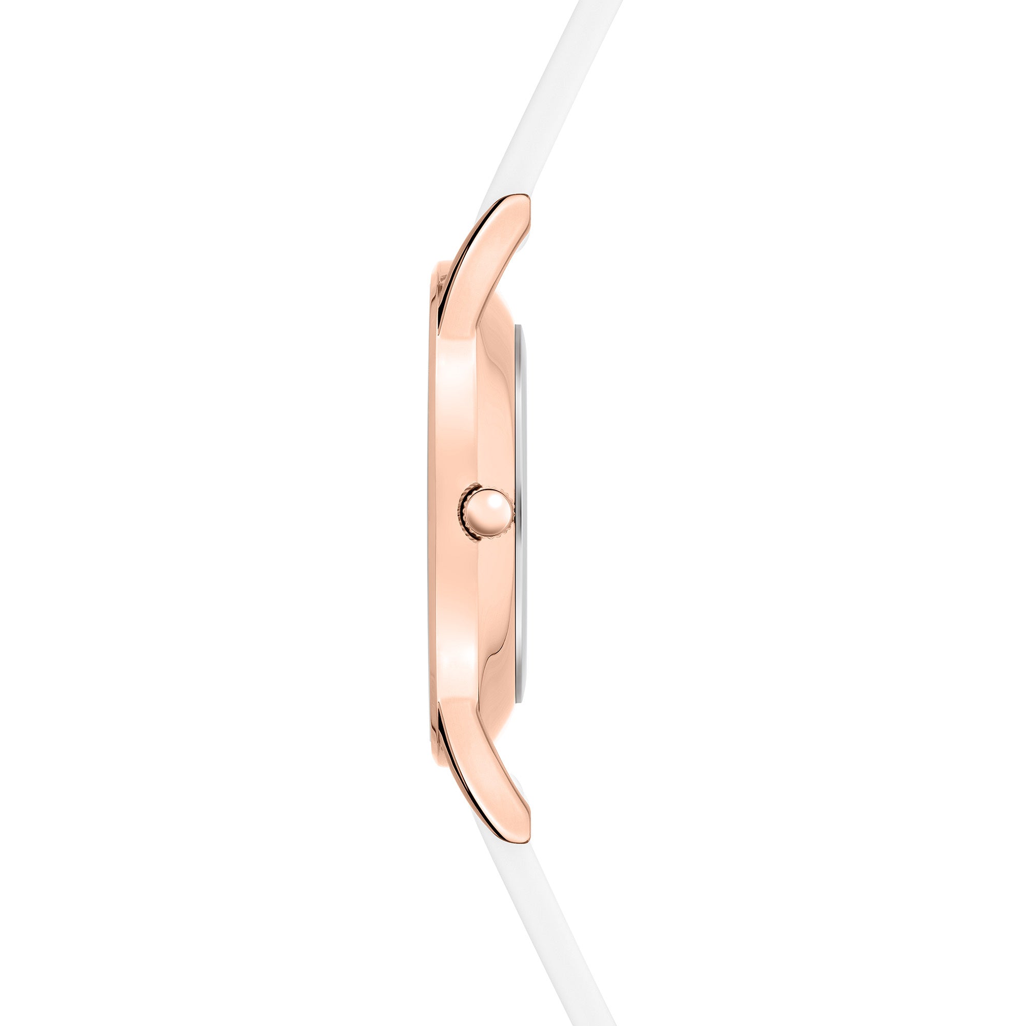 Seitenansicht der Tamaris Armbanduhr - The Modern Classic, mit roségoldenem Gehäuse und sportlichem Silikonarmband, die ein elegantes Damenuhrendesign von Tamaris hervorhebt, isoliert auf weißem Hintergrund.