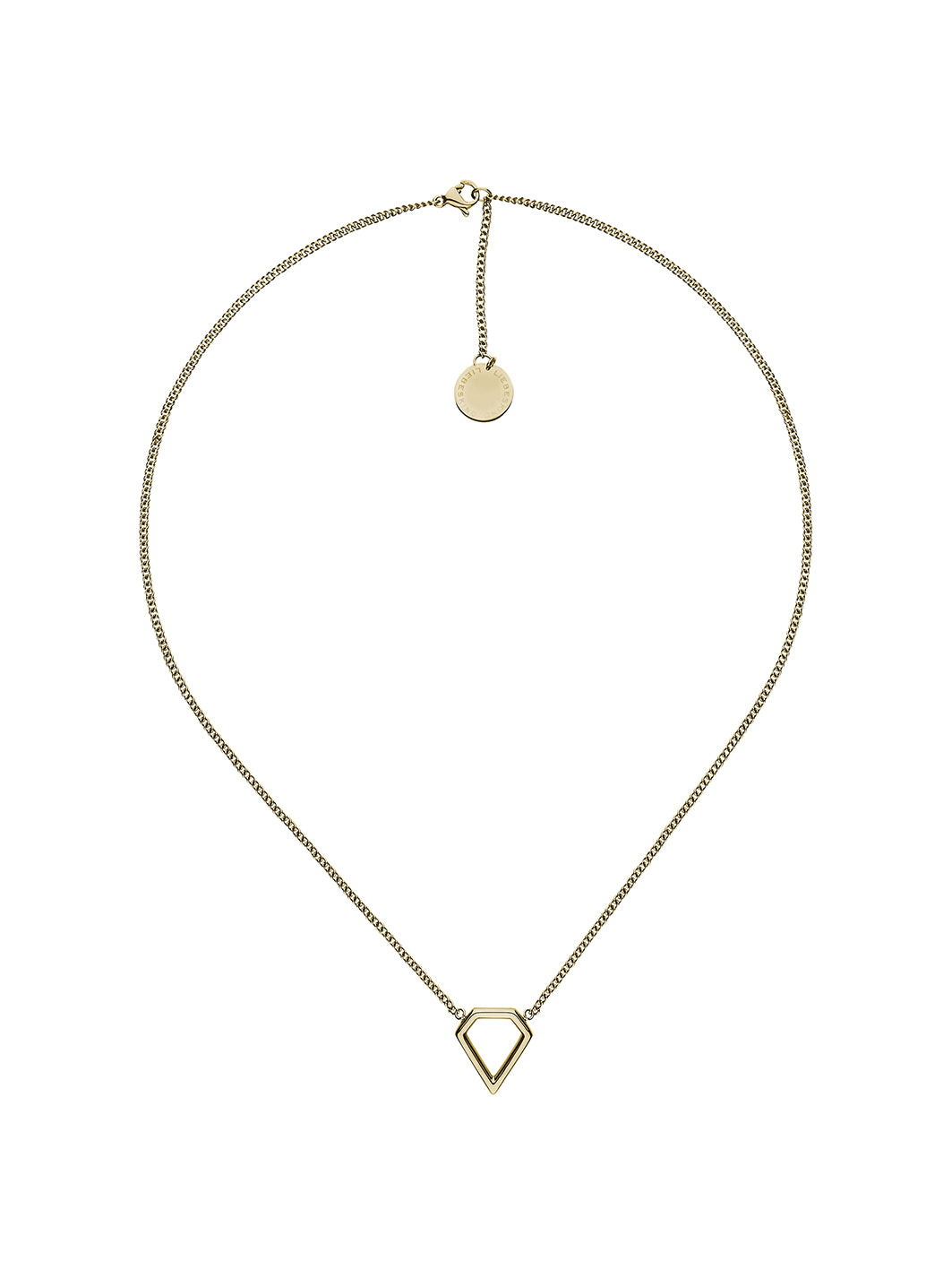 Goldene Liebeskind Berlin Halskette - The Iconic mit feiner Kette und offenem, geometrischen Anhänger als stilvolles Accessoire auf weißem Hintergrund fotografiert.