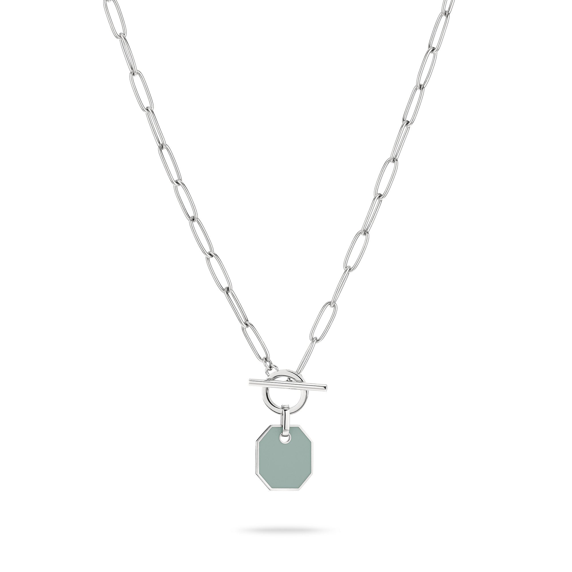 Liebeskind Berlin Halskette aus silberner Gliederkette mit grauem, achteckigem Epoxyanhänger mit silberner Umrandung und T-Bar-Verschluss; Produktbild