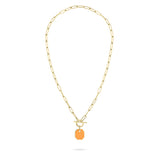 Liebeskind Berlin Halskette aus goldener Gliederkette mit orangenem, achteckigem Epoxyanhänger mit goldener Umrandung und T-Bar-Verschluss; Zusatzbild