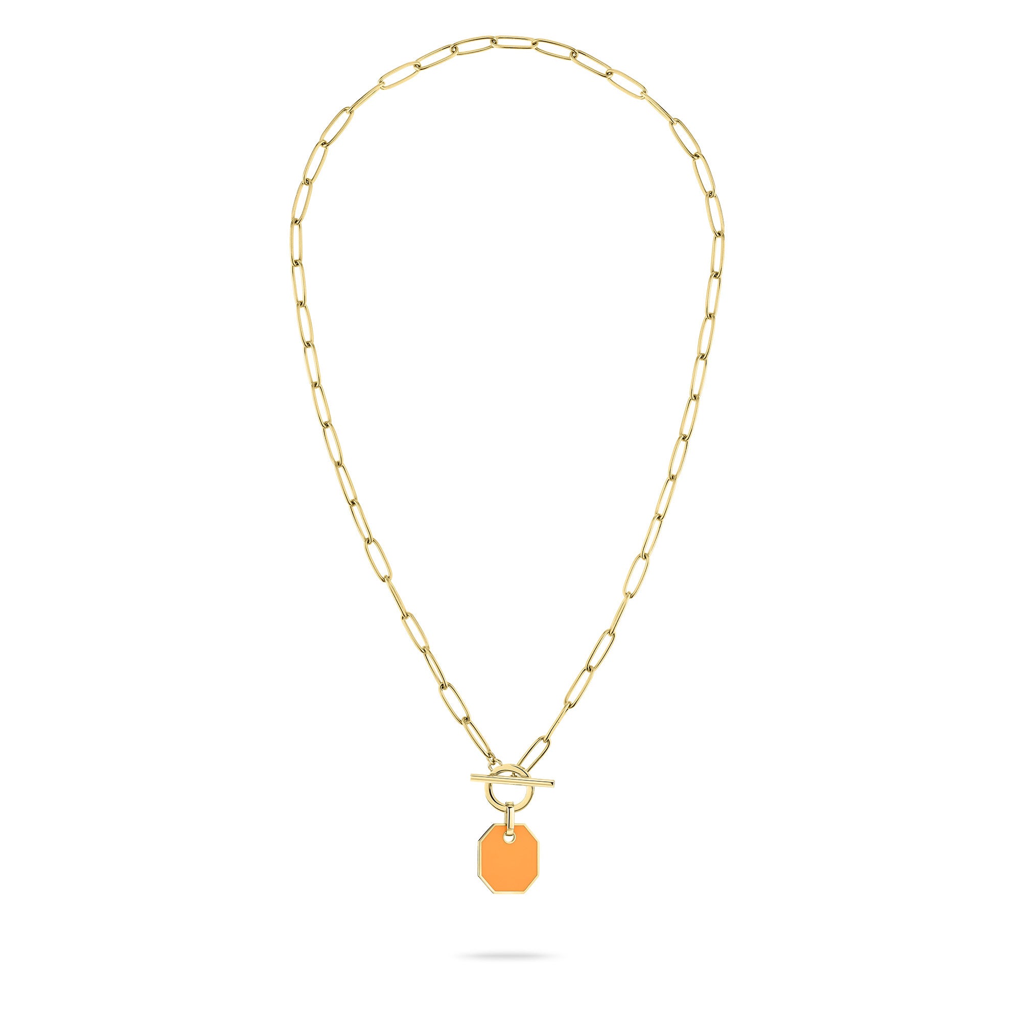 Liebeskind Berlin Halskette aus goldener Gliederkette mit orangenem, achteckigem Epoxyanhänger mit goldener Umrandung und T-Bar-Verschluss; Zusatzbild