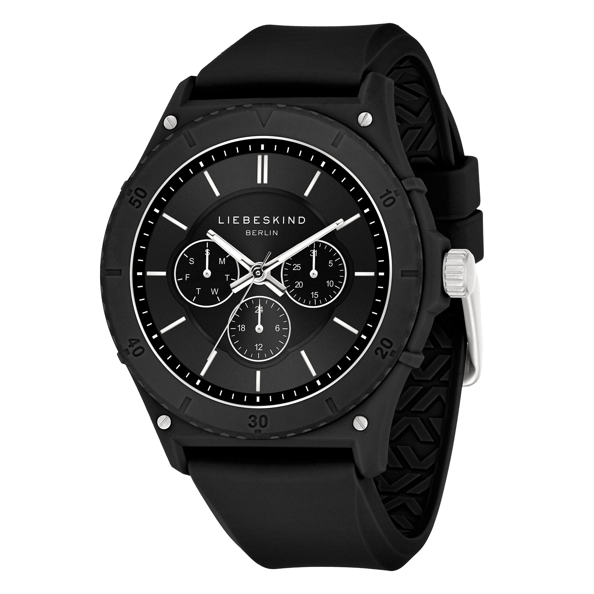 Liebeskind Berlin Armbanduhr mit schwarzem Zifferblatt, Multifunktionswerk, mattiertem, schwarzem Gehäuse und schwarzem Silikonband; Produktbild