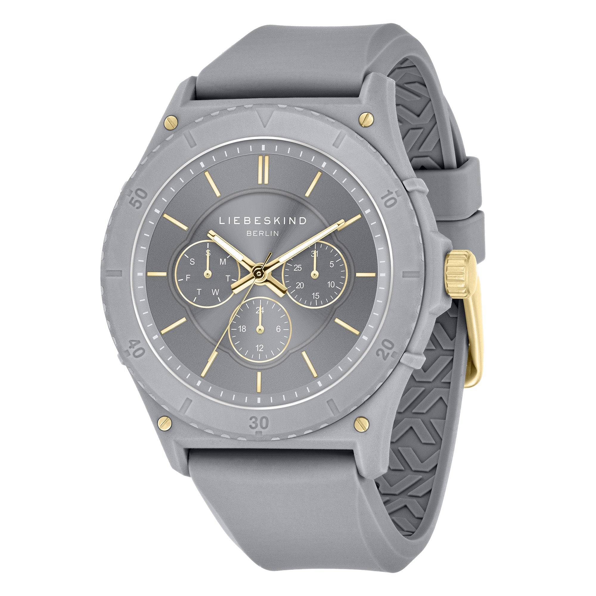 Die LIEBESKIND BERLIN Armbanduhr - Multifunction Statement von Liebeskind Berlin verfügt über ein rundes graues Zifferblatt, goldene Akzente und ein Silikonarmband - eine Mischung aus zeitloser Eleganz und moderner Nachhaltigkeit für Frauen.