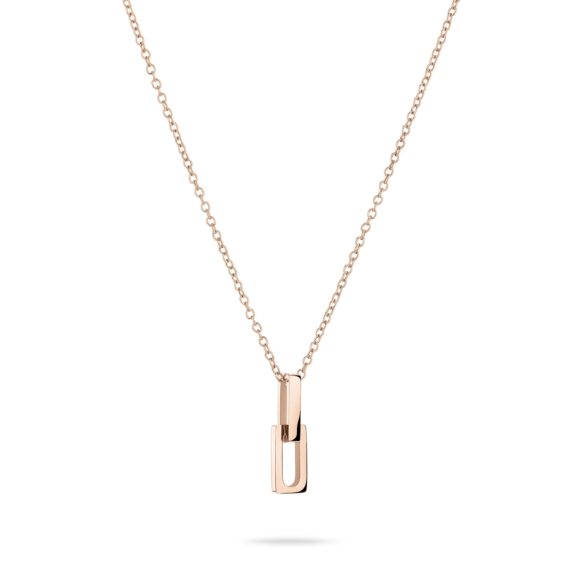 Liebeskind Berlin Halskette mit feiner Kette und einem aus zwei ineinandergreifenden Rechtecken bestehender Anhänger in der Farbe roségold; Produktbild