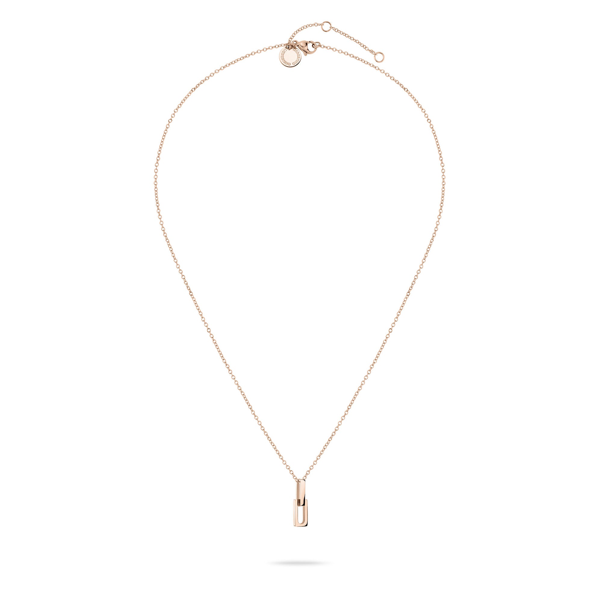 Liebeskind Berlin Halskette mit feiner Kette und einem aus zwei ineinandergreifenden Rechtecken bestehender Anhänger in der Farbe roségold; Zusatzbild