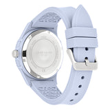 Liebeskind Berlin Armbanduhr mit silbernem Zifferblatt, Multifunktionswerk, mattiertem, blauem Gehäuse und blauem Silikonband; Rückansicht