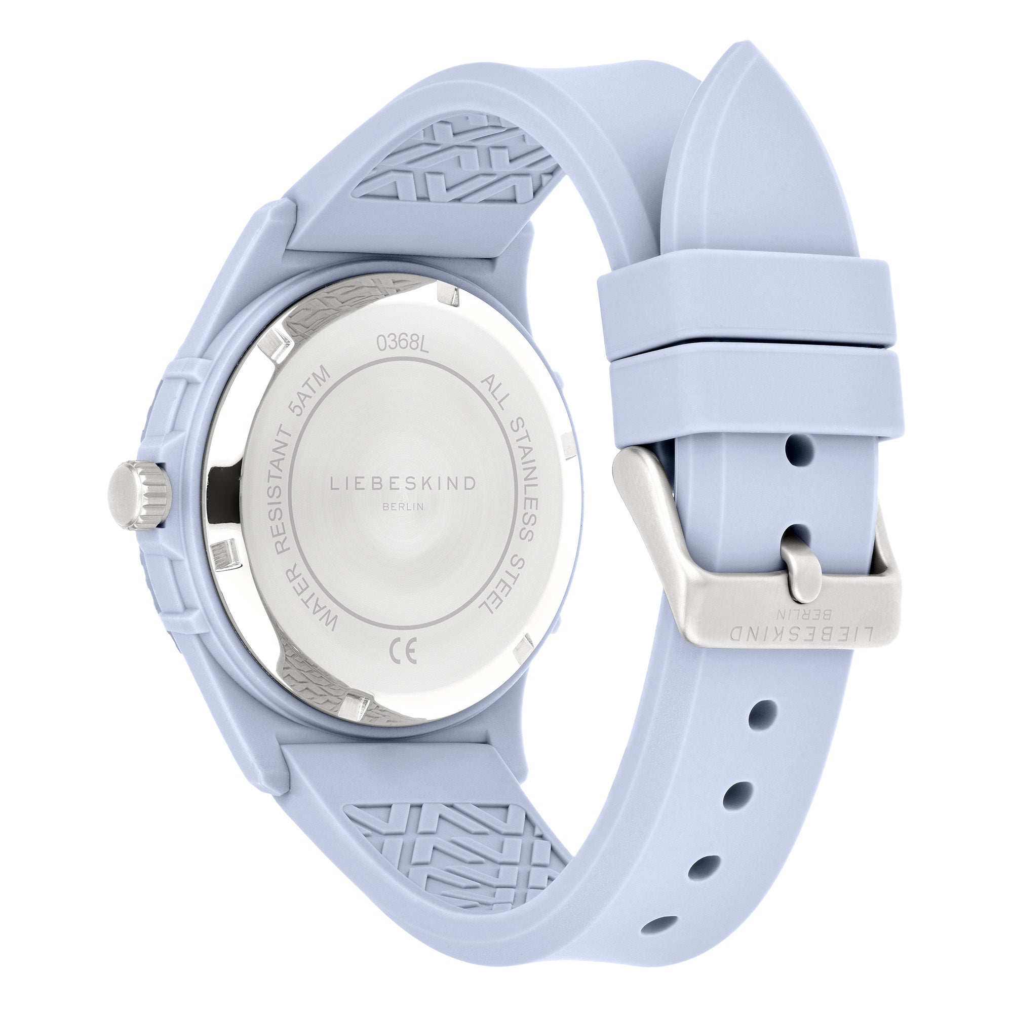Liebeskind Berlin Armbanduhr mit silbernem Zifferblatt, Multifunktionswerk, mattiertem, blauem Gehäuse und blauem Silikonband; Rückansicht
