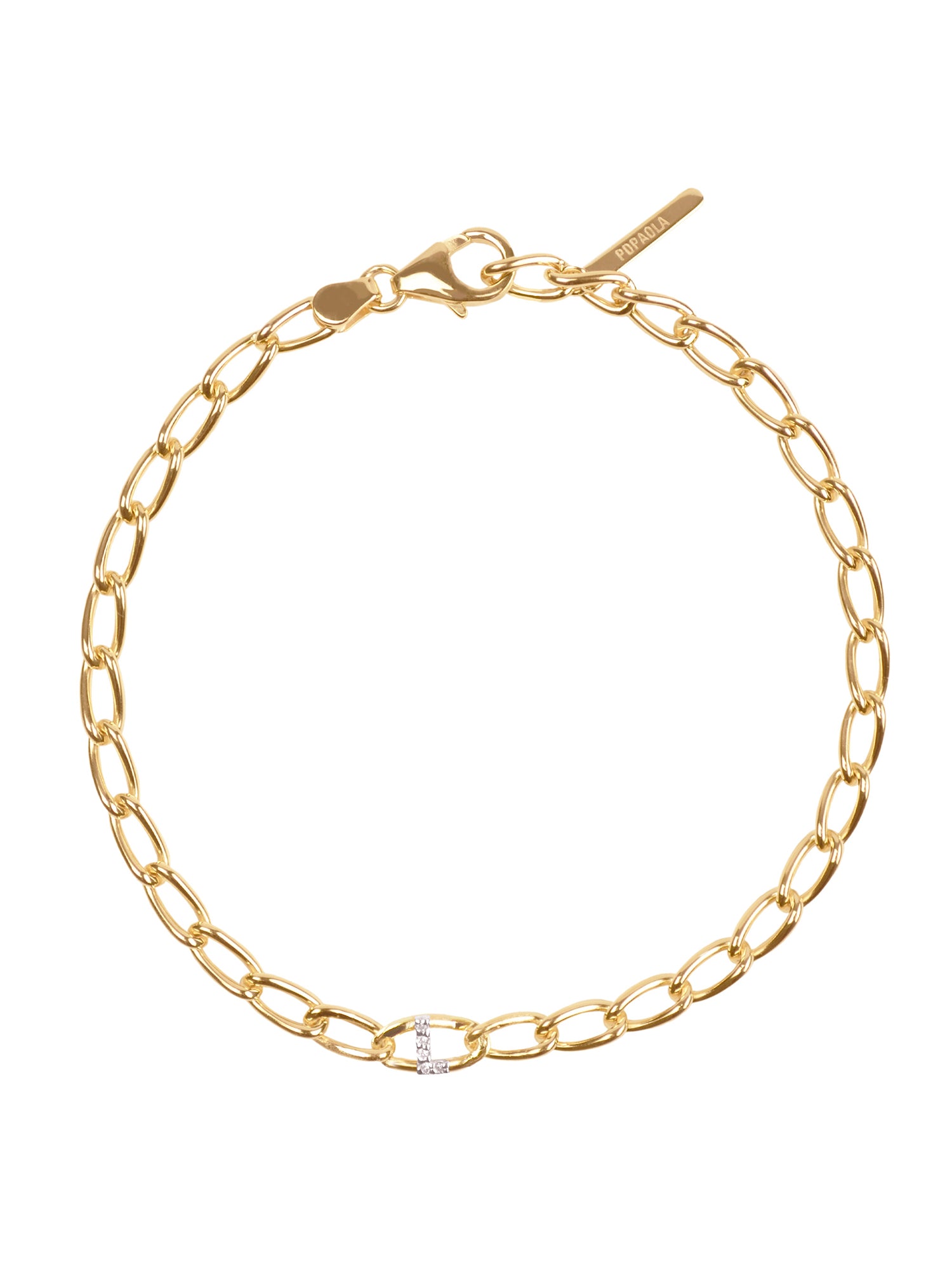 Das PDPaola Armband - Gliederband Buchstabe L von PDPaola ist ein 18-karätig vergoldetes Armband mit ovalem Zirkonia-Akzent und Karabinerverschluss, präsentiert auf weißem Hintergrund.