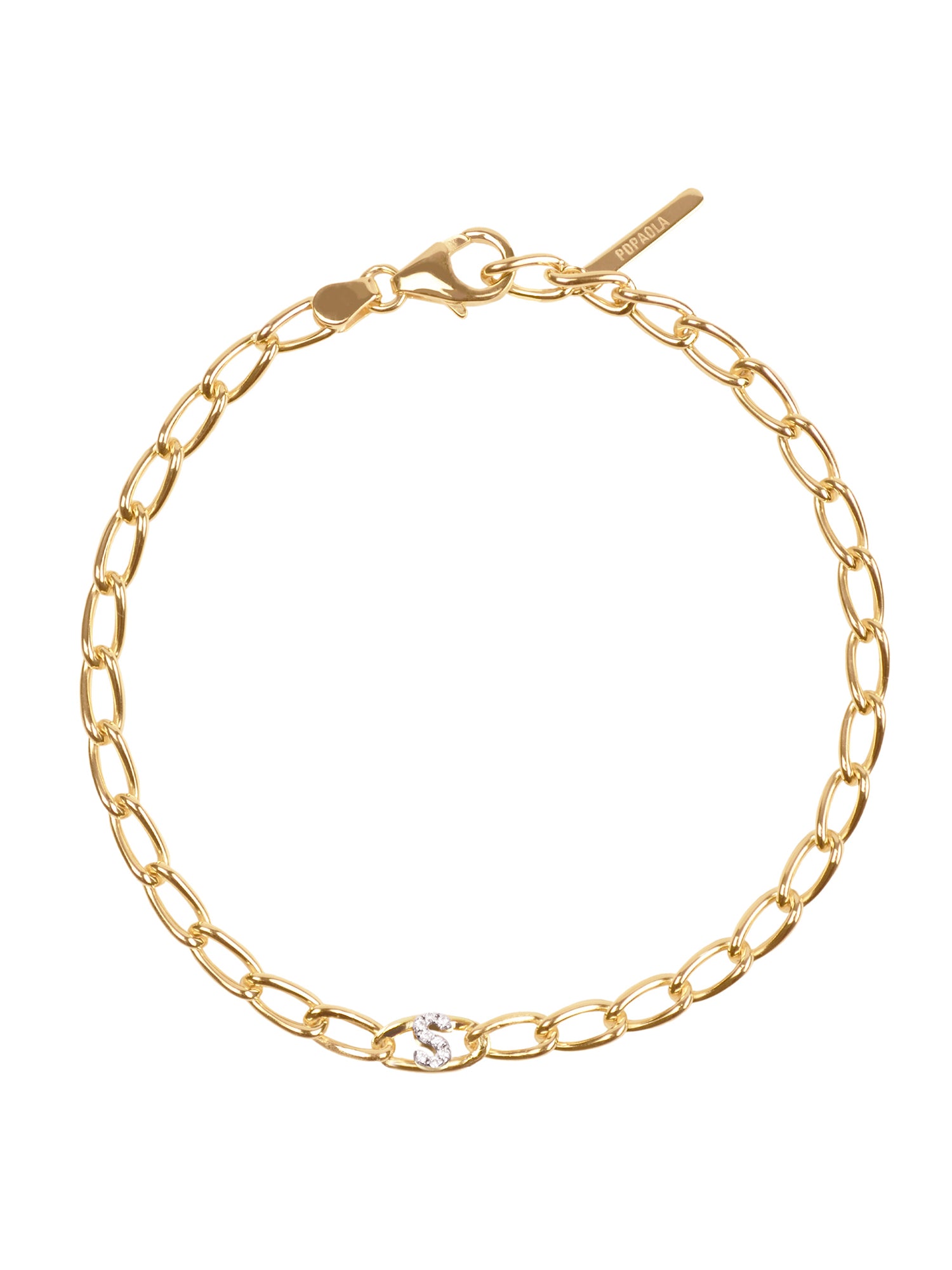 PDPaola Armband bestehend aus einer goldenen Gliederkette und einem goldenen, steinbesetzten S als Anhänger; Produktbild