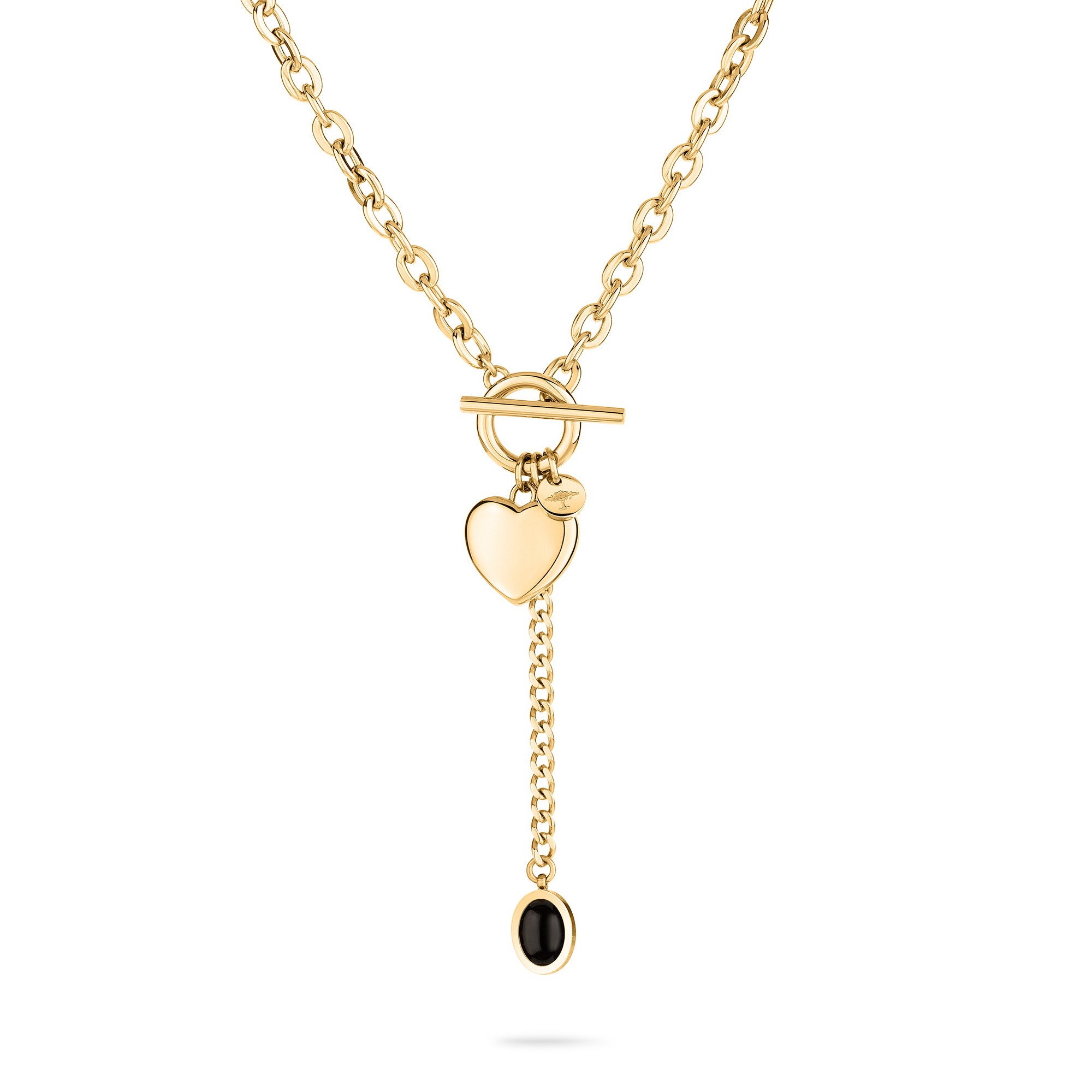 Fynch-Hatton Halskette bestehend aus einer feinen goldenen Gliederkette mit Herzcharm und schwarzem Schmuckstein; Produktbild