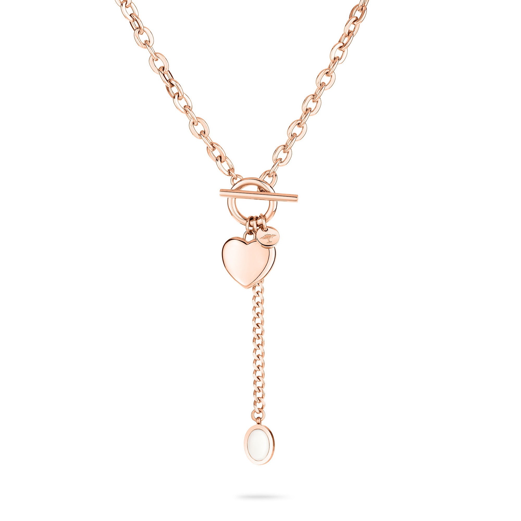 Fynch-Hatton Halskette bestehend aus einer feinen roségoldenen Gliederkette mit Herzcharm und weißem Schmuckstein; Produktbild