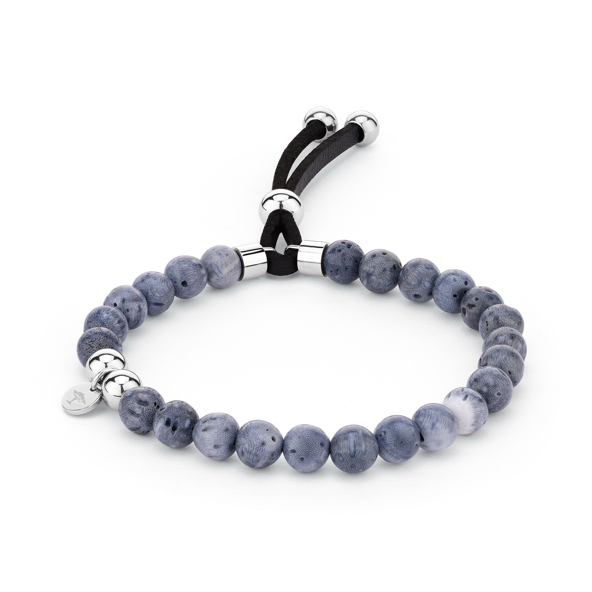 Fynch-Hatton Armband bestehend aus bläulichen Schmuckstein-Beads und silbernen Elementen und Lederband; Produktbild