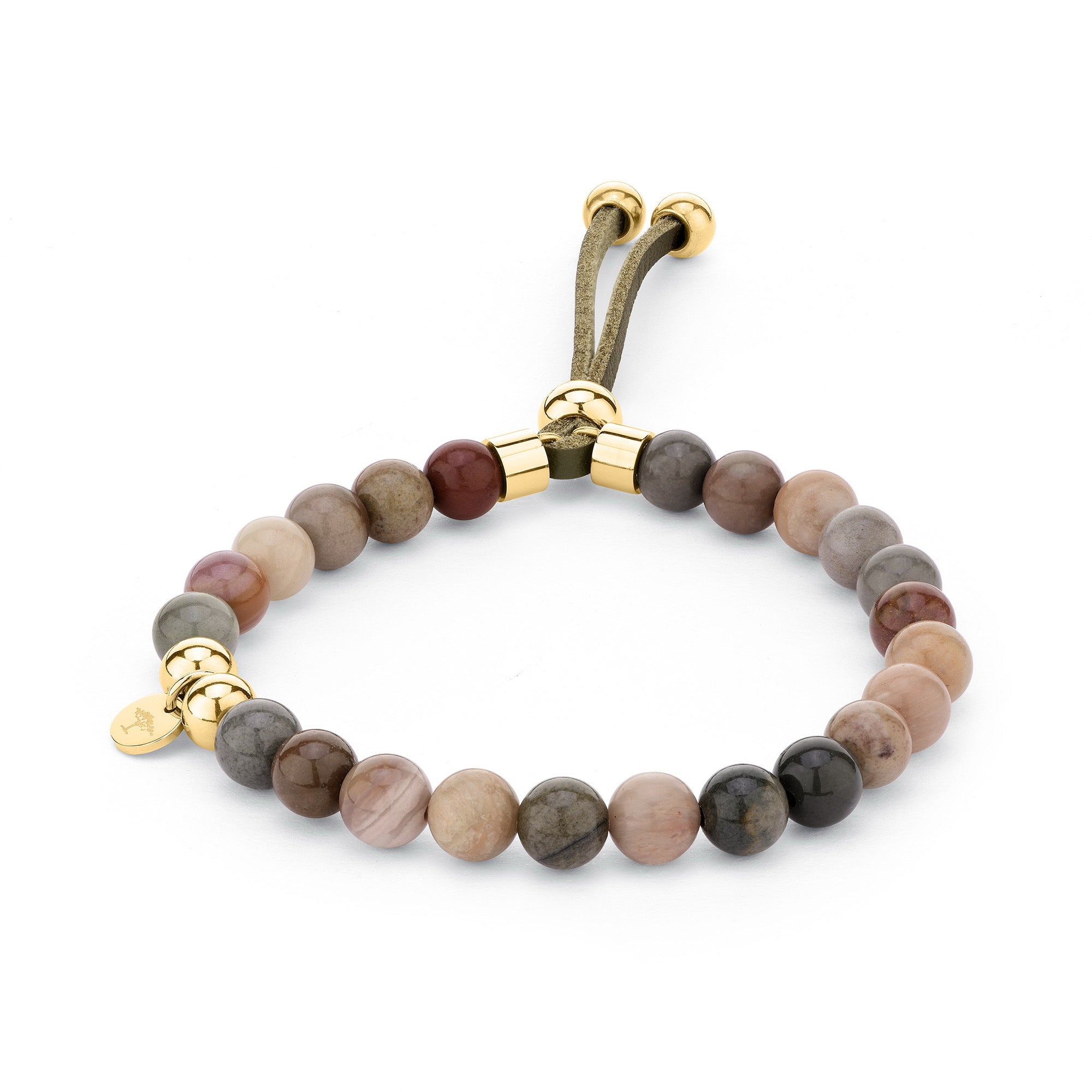 Fynch-Hatton Armband bestehend aus braunen Schmuckstein-Beads und goldenen Elementen und Lederband; Produktbild