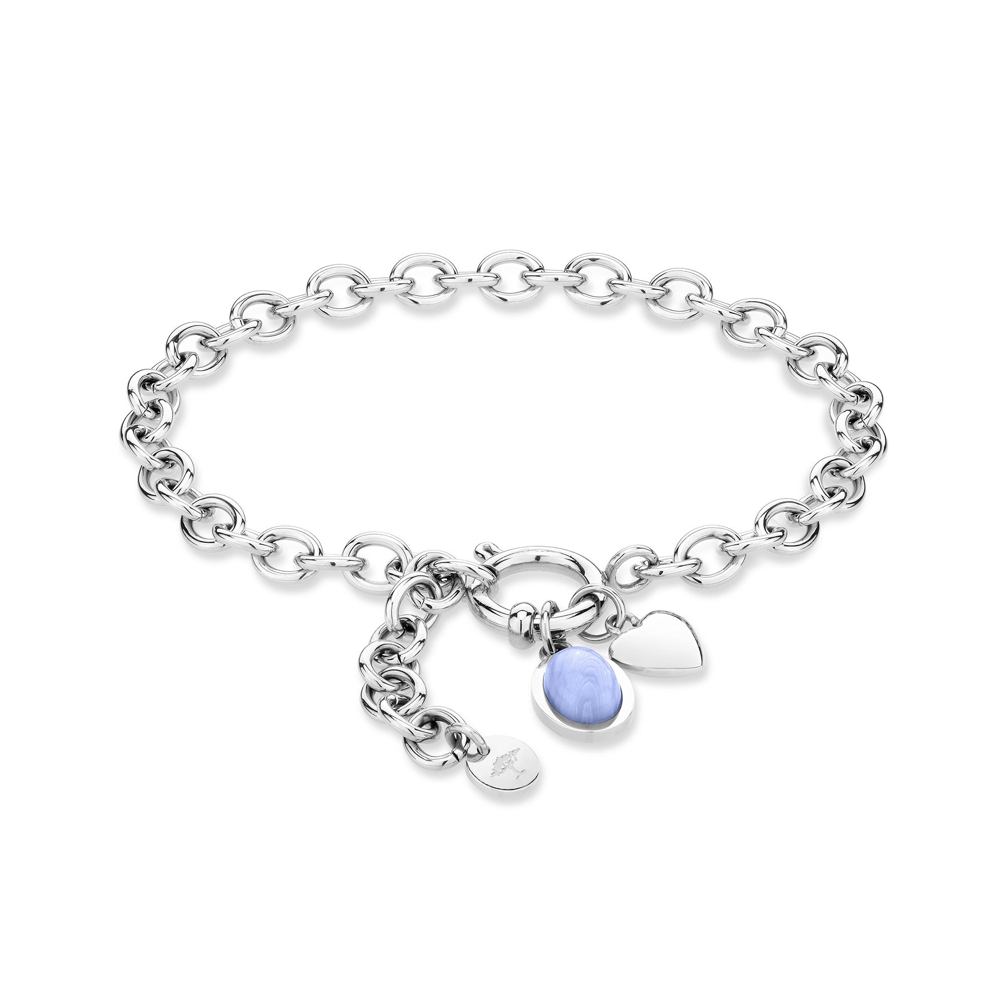 Fynch-Hatton Armband bestehend aus einer flachen, silbernen Gliederkette mit Herzcharm und lila Schmuckstein; Produktbild