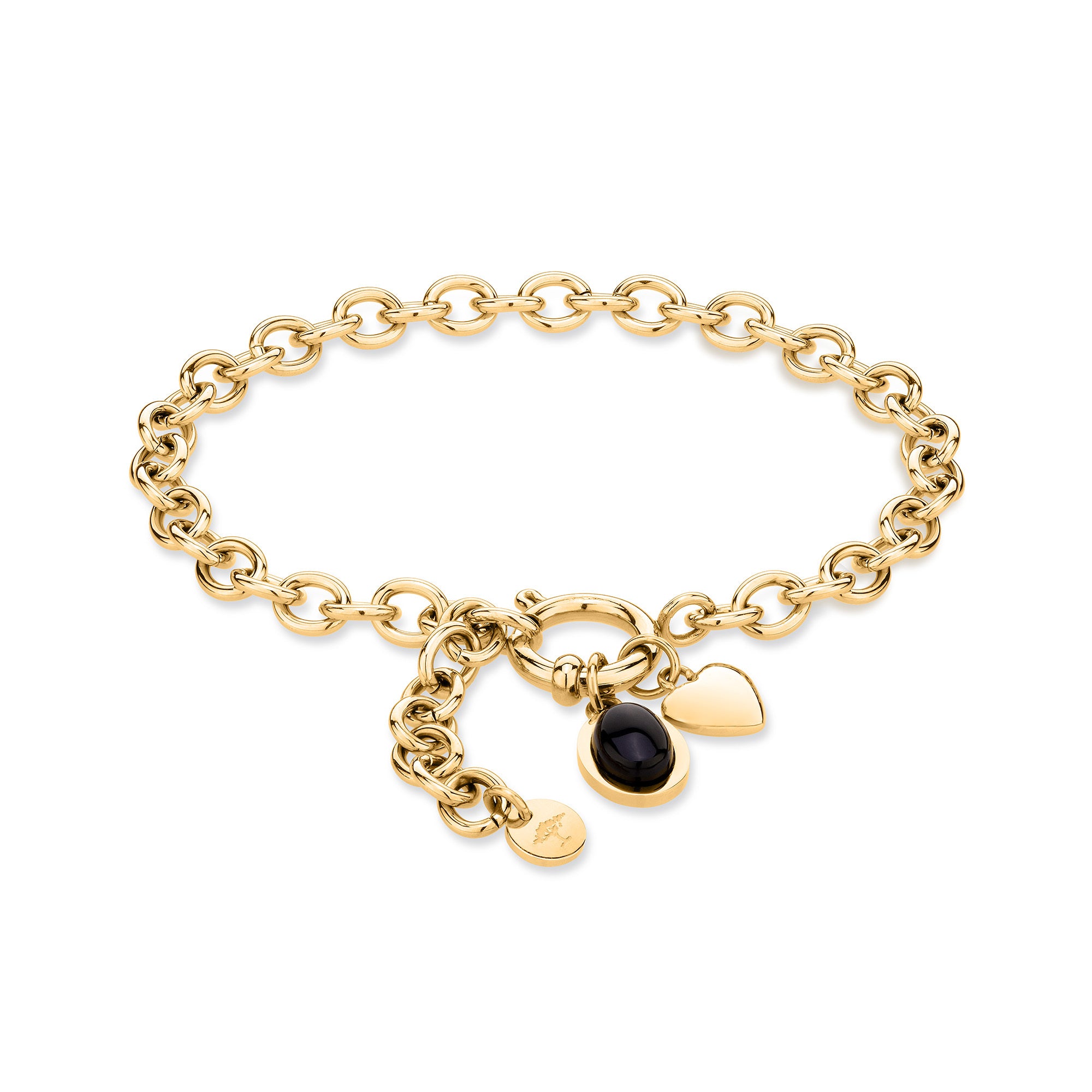 Fynch-Hatton Armband bestehend aus einer flachen, goldenen Gliederkette mit Herzcharm und schwarzem Schmuckstein; Produktbild