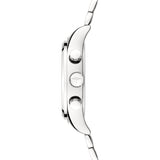Fynch-Hatton Armbanduhr mit Zifferblatt mit silbernen Indizes, Chronographenwerk, silbernem Gehäuse und silbernem Gliederband; Seitenansicht