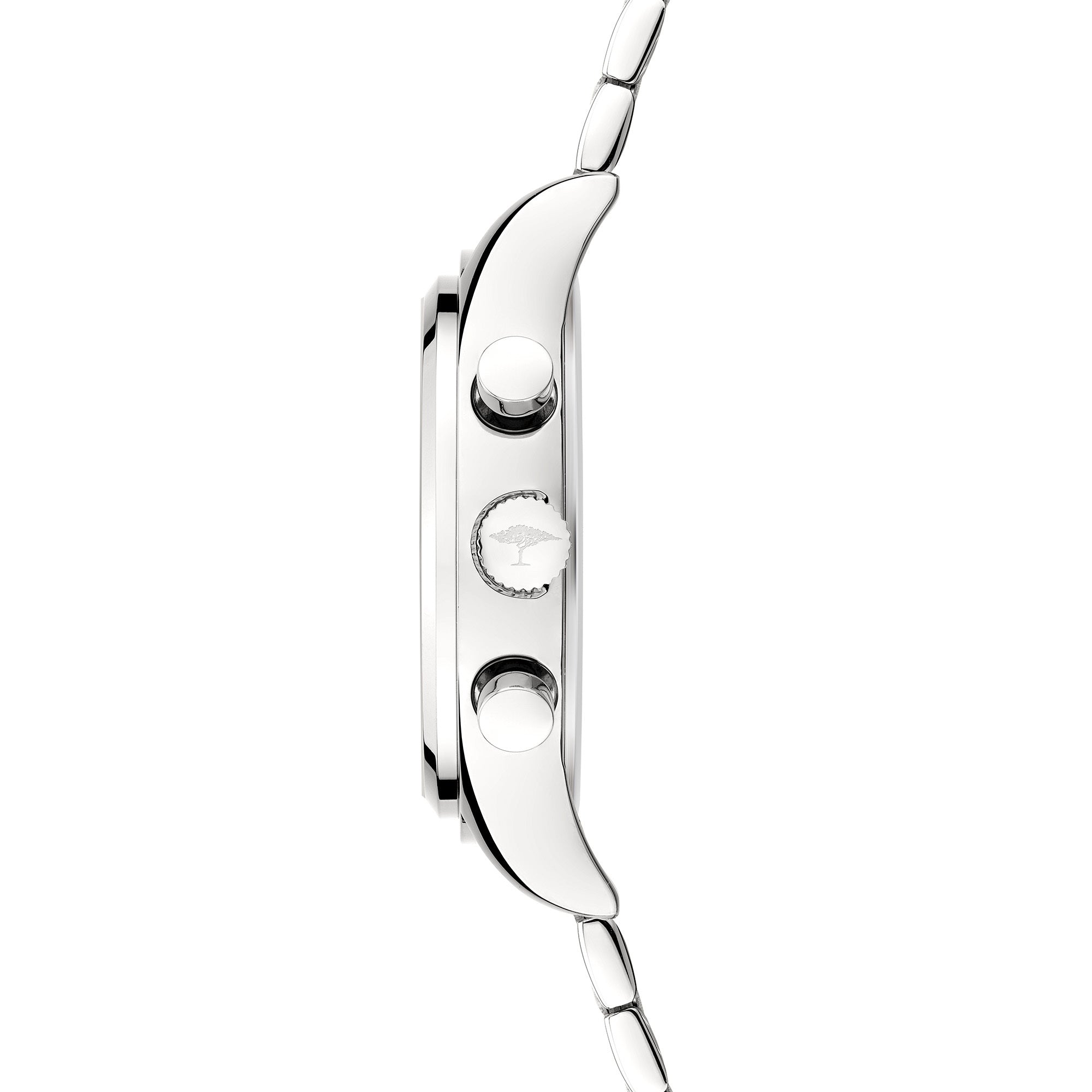 Fynch-Hatton Armbanduhr mit Zifferblatt mit silbernen Indizes, Chronographenwerk, silbernem Gehäuse und silbernem Gliederband; Seitenansicht
