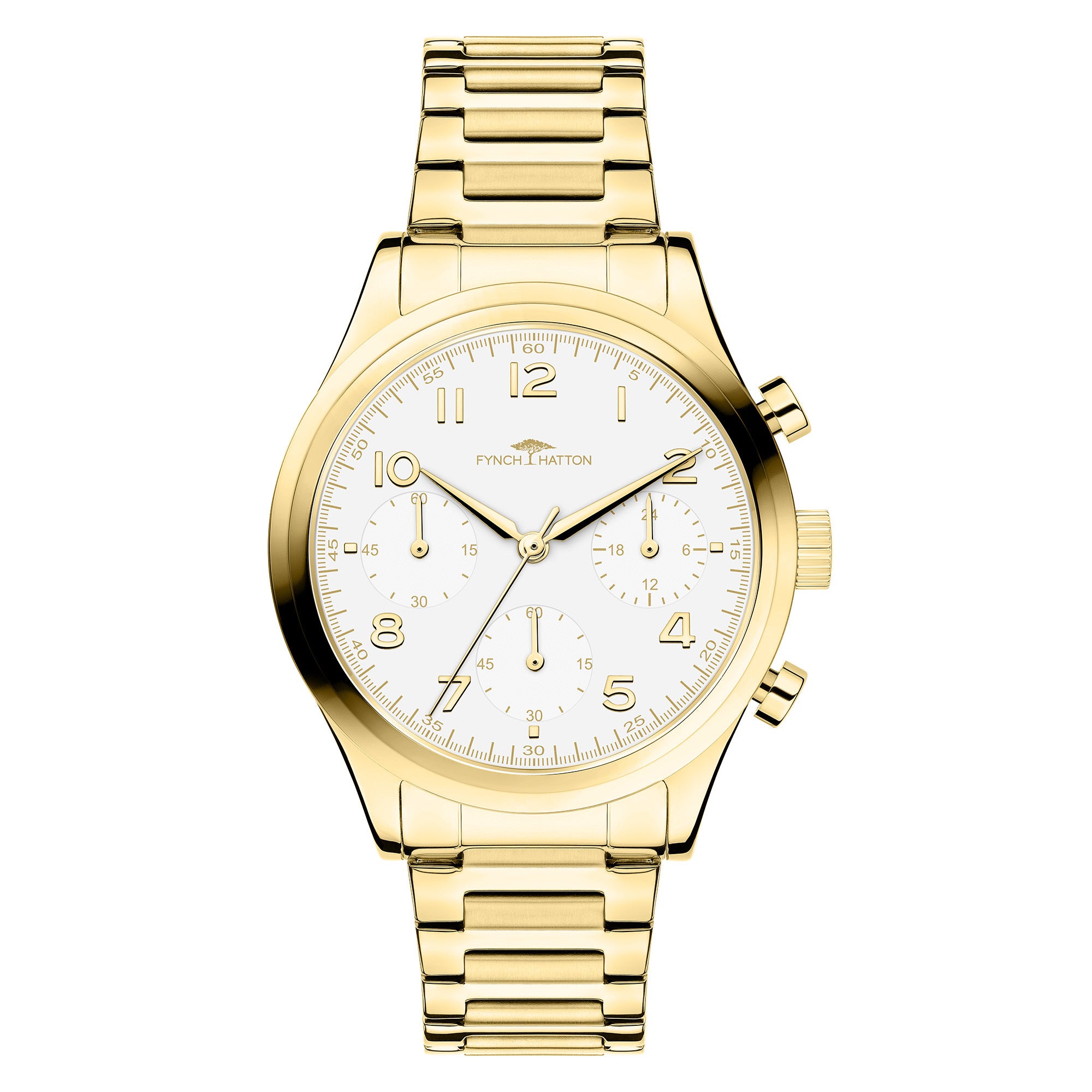Fynch-Hatton Armbanduhr mit Zifferblatt mit goldenen Indizes, Chronographenwerk, goldenem Gehäuse und goldenem Gliederband; Produktbild