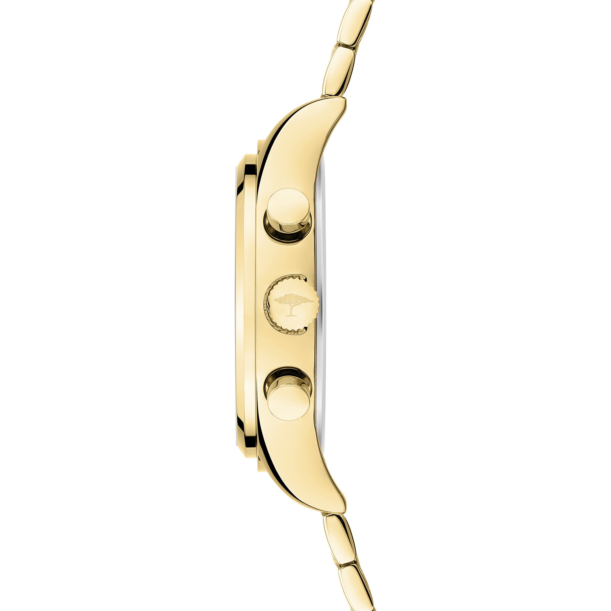 Fynch-Hatton Armbanduhr mit Zifferblatt mit goldenen Indizes, Chronographenwerk, goldenem Gehäuse und goldenem Gliederband; Seitenansicht