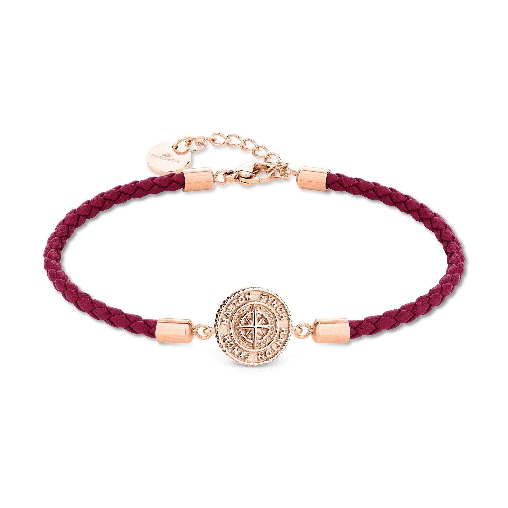 Fynch-Hatton Armband bestehend aus einem roten, geflochtenen Lederband mit roségoldenem Münz-Anhänger mit Nordstern-Design; Produktbild