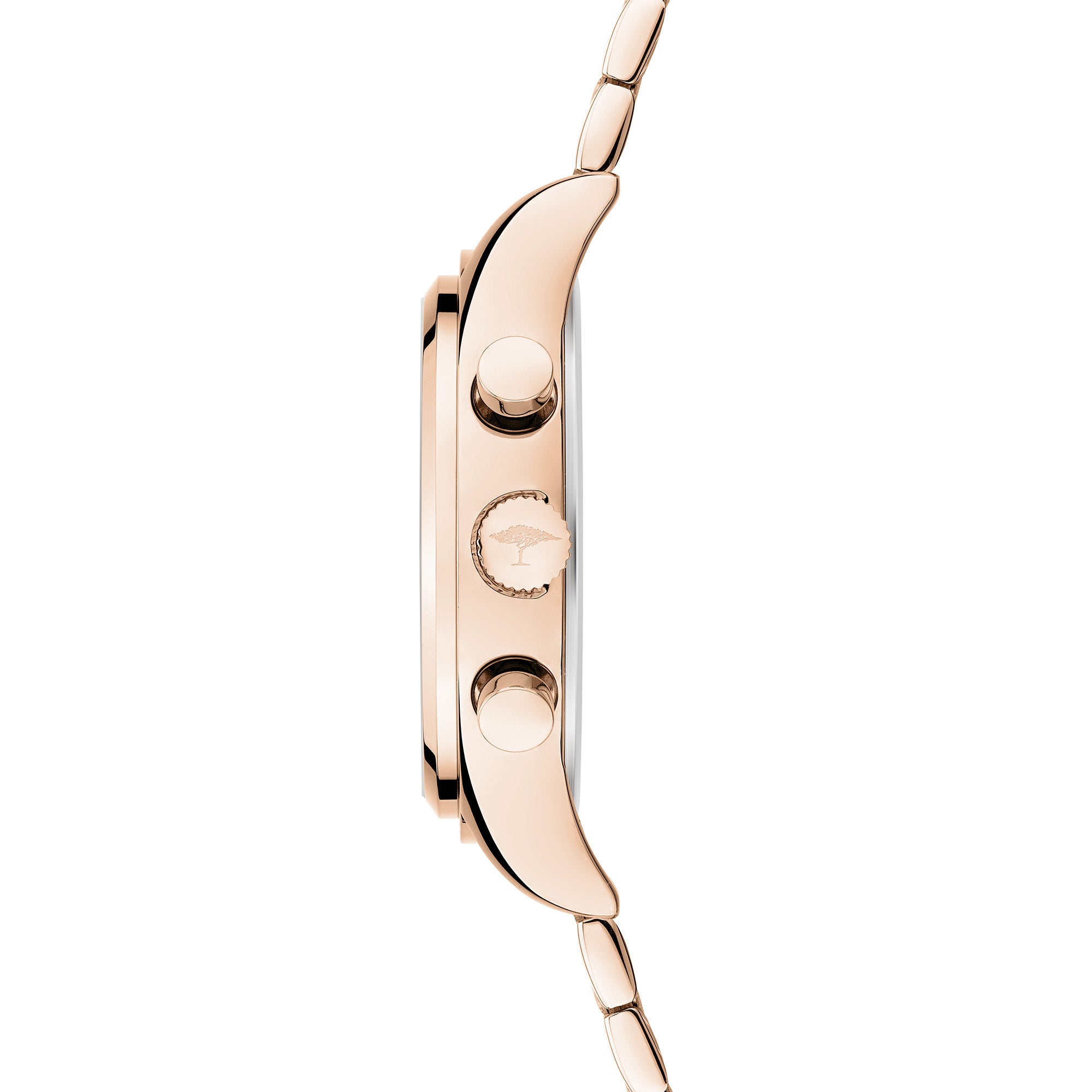Fynch-Hatton Armbanduhr mit Zifferblatt mit roségoldenen Indizes, Chronographenwerk, roségoldenen Gehäuse und roségoldenen Gliederband; Seitenansicht