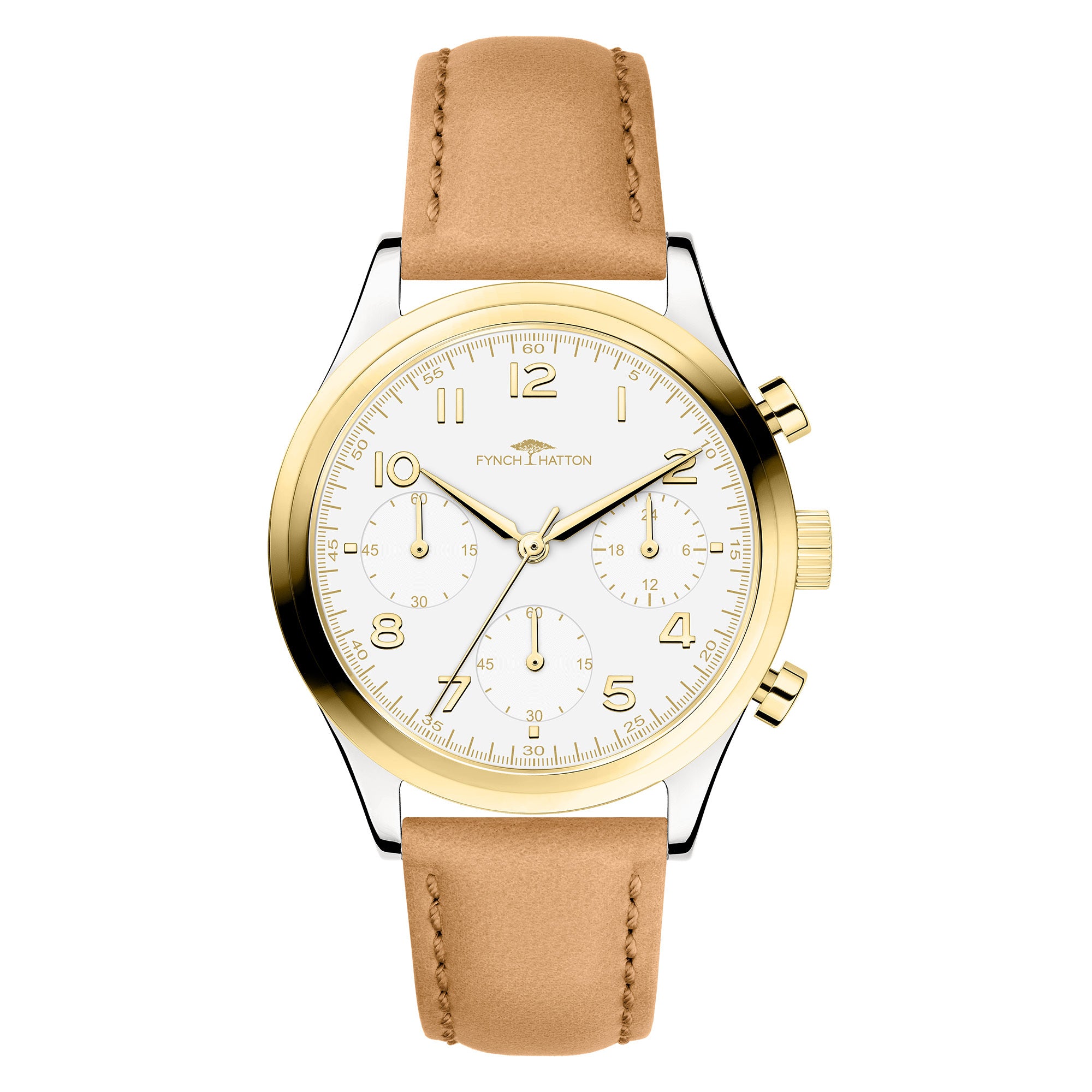 Fynch-Hatton Armbanduhr mit Zifferblatt mit goldenen Indizes, Chronographenwerk, silbernem Gehäuse mit goldenem Topring und braunem Lederband; Produktbild