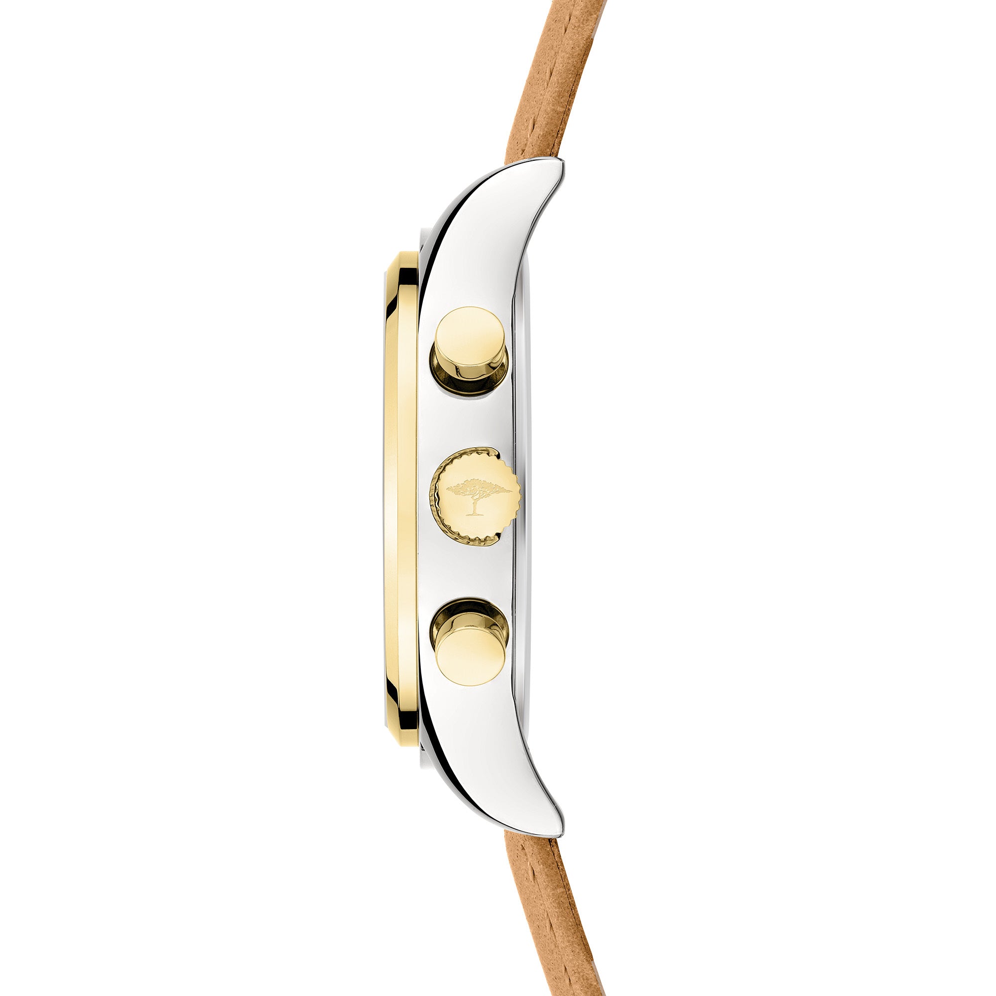 Fynch-Hatton Armbanduhr mit Zifferblatt mit goldenen Indizes, Chronographenwerk, silbernem Gehäuse mit goldenem Topring und braunem Lederband; Seitenansicht