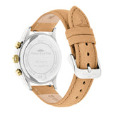 Fynch-Hatton Armbanduhr mit Zifferblatt mit goldenen Indizes, Chronographenwerk, silbernem Gehäuse mit goldenem Topring und braunem Lederband; Rückansicht