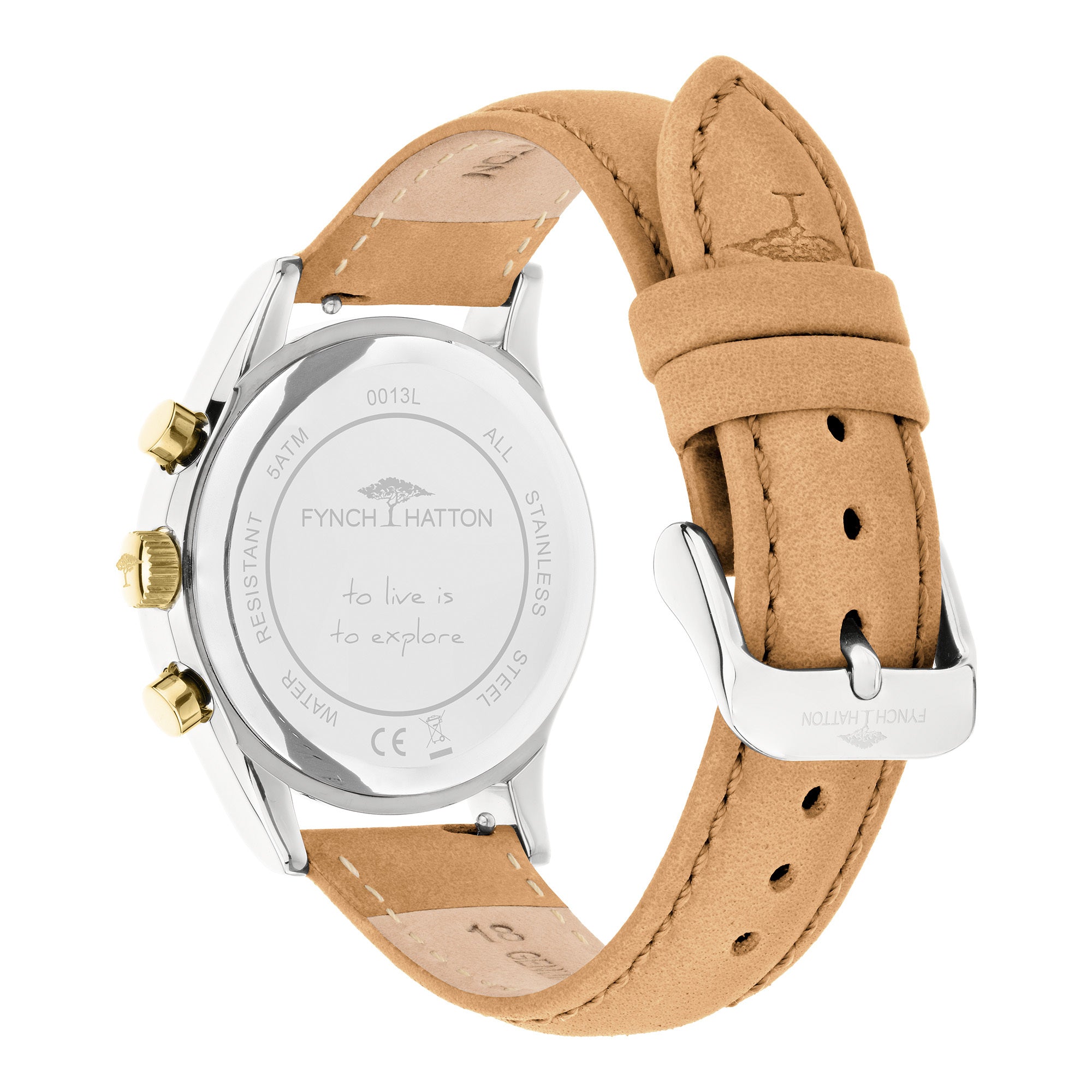 Fynch-Hatton Armbanduhr mit Zifferblatt mit goldenen Indizes, Chronographenwerk, silbernem Gehäuse mit goldenem Topring und braunem Lederband; Rückansicht