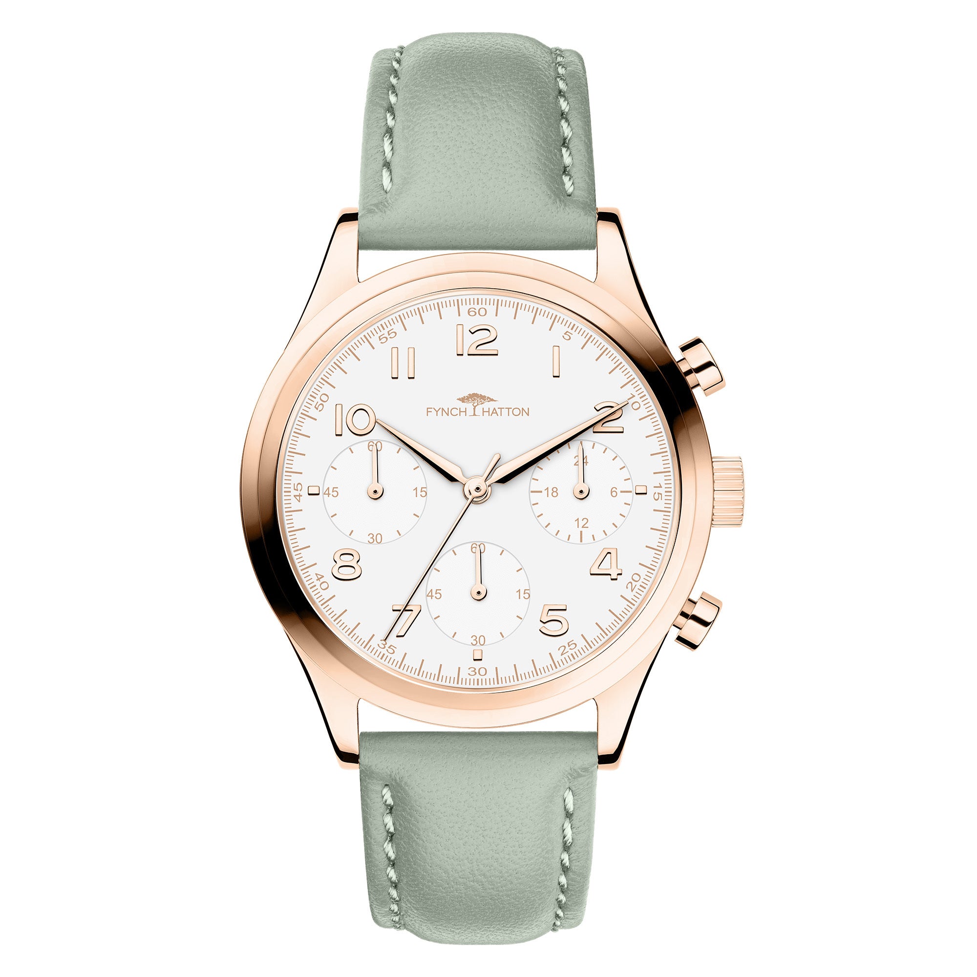 Fynch-Hatton Armbanduhr mit Zifferblatt mit roségoldenen Indizes, Chronographenwerk, roségoldenem Gehäus und grünem Lederband; Produktbild