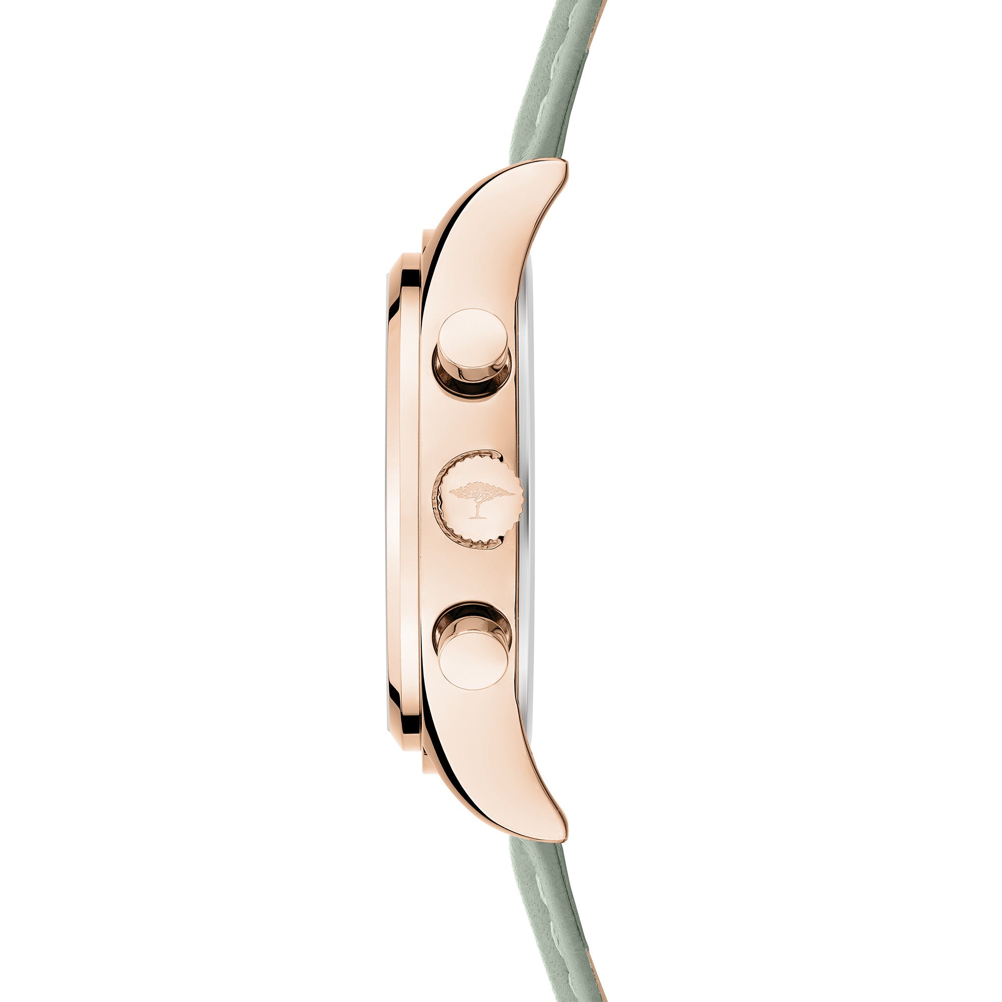 Fynch-Hatton Armbanduhr mit Zifferblatt mit roségoldenen Indizes, Chronographenwerk, roségoldenem Gehäus und grünem Lederband; Seitenansicht