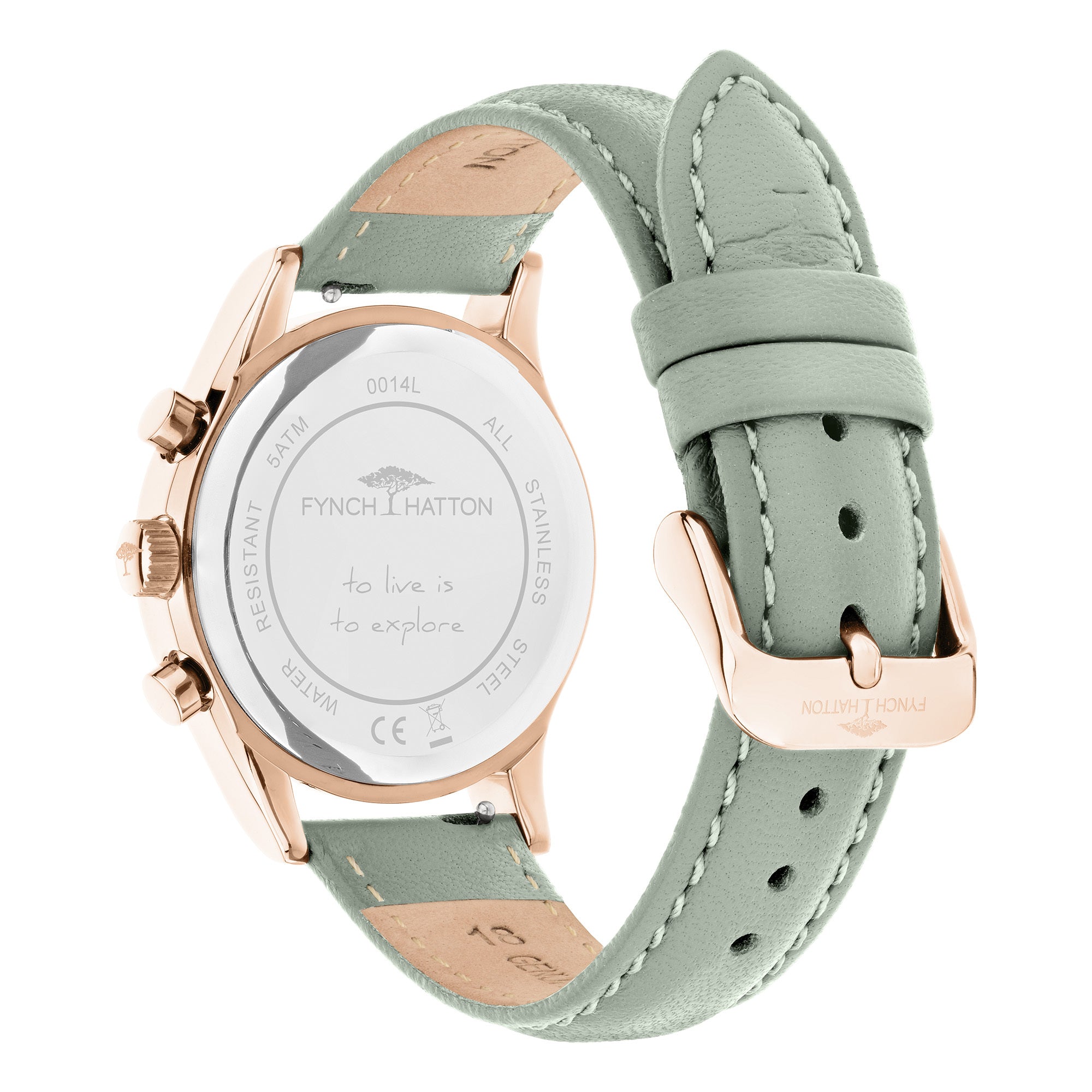 Fynch-Hatton Armbanduhr mit Zifferblatt mit roségoldenen Indizes, Chronographenwerk, roségoldenem Gehäus und grünem Lederband; Rückansicht