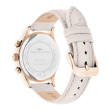 Fynch-Hatton Armbanduhr mit Zifferblatt mit roségoldenen Indizes, Chronographenwerk, roségoldenem Gehäus und grauem Lederband; Rückansicht