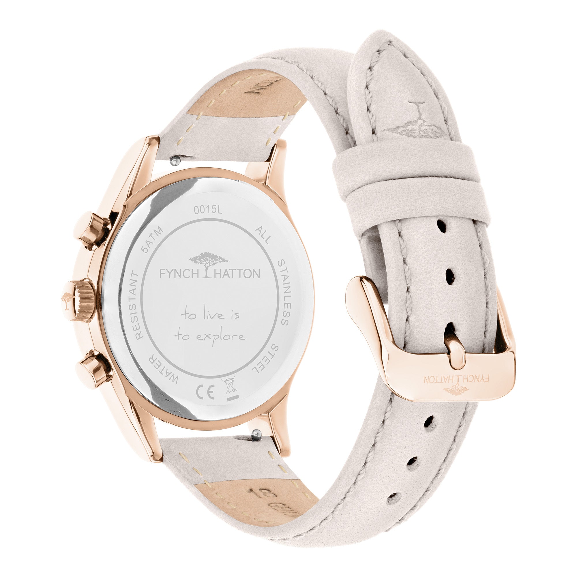Fynch-Hatton Armbanduhr mit Zifferblatt mit roségoldenen Indizes, Chronographenwerk, roségoldenem Gehäus und grauem Lederband; Rückansicht
