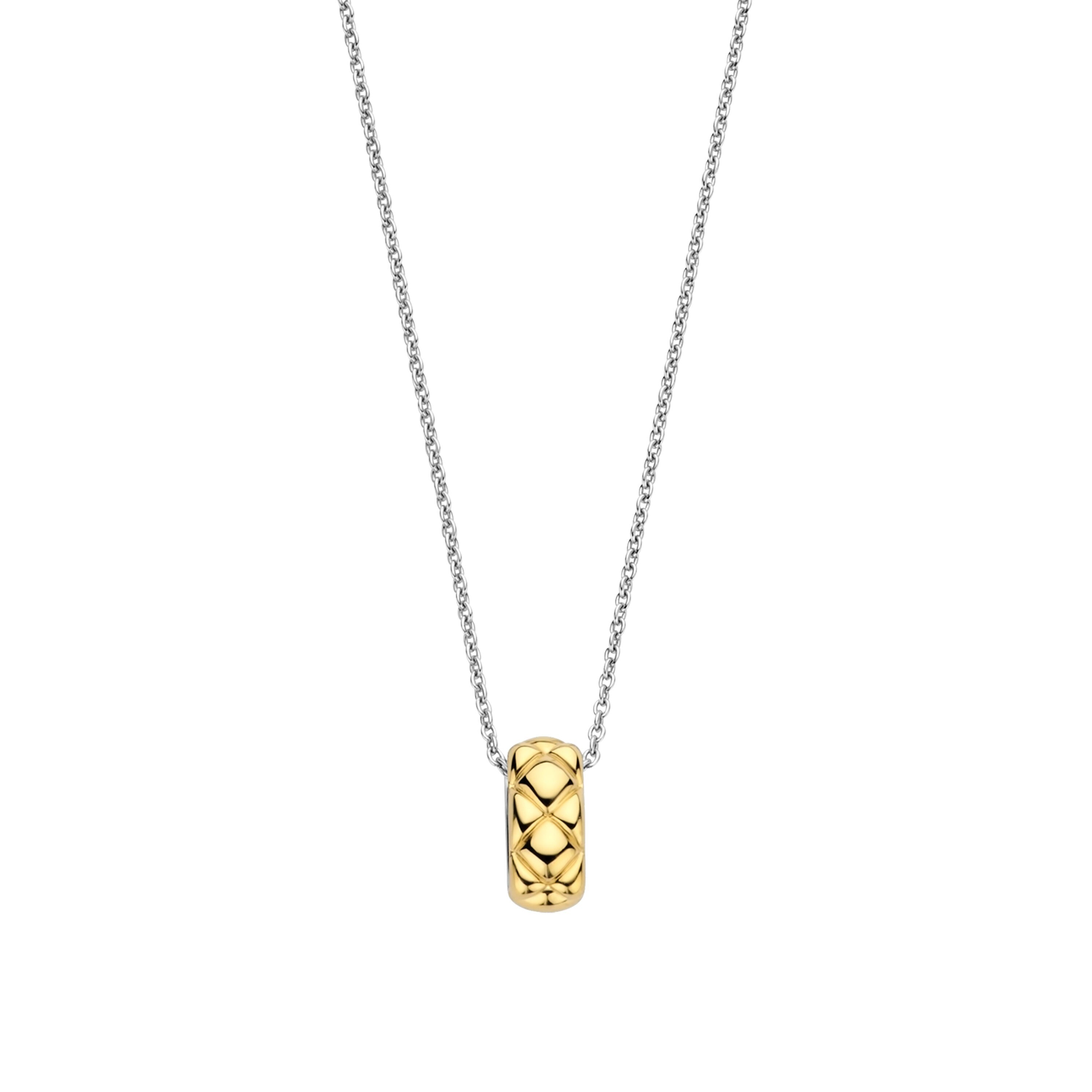 Ti Sento Milano Halskette - Der besondere Anhänger: Eine silberne Halskette mit einem zylindrischen Anhänger in Gold mit Steppmuster auf weißem Grund von Ti Sento Milano, der zeitlose Eleganz ausstrahlt.