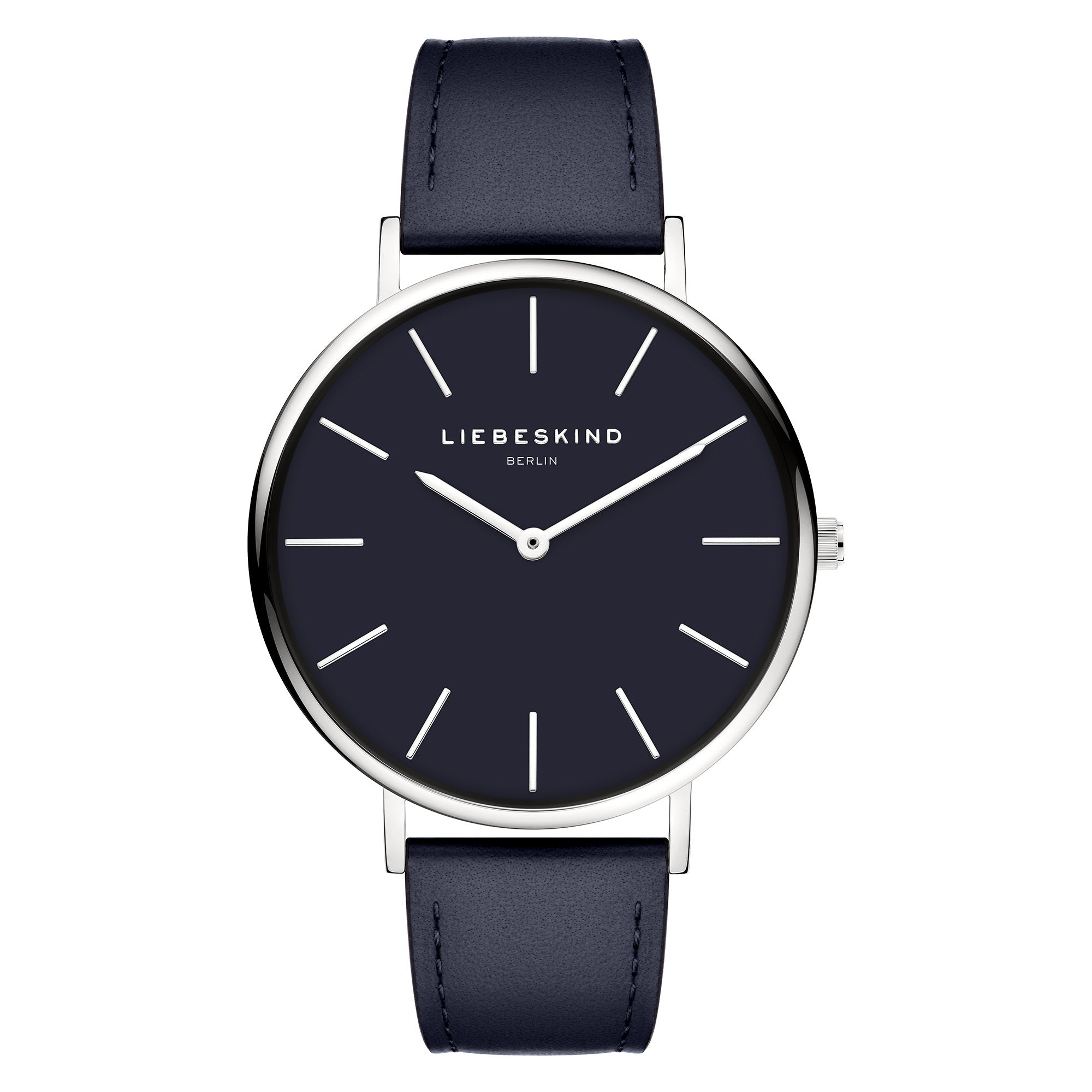 Liebeskind Berlin Armbanduhr mit blauem Zifferblatt mit silbernen Indizes, silbernem Gehäuse und blauem Lederband; Produktbild