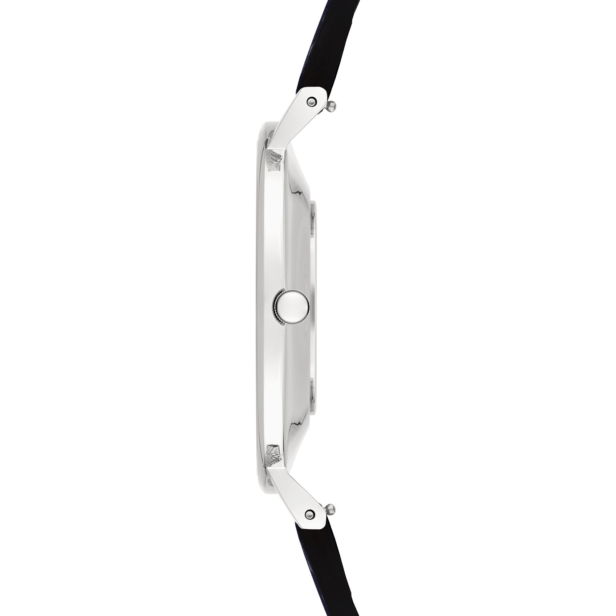 Seitenansicht der LIEBESKIND BERLIN Armbanduhr - Skandinavian Classic von Liebeskind Berlin mit schlankem, silbernem Gehäuse und schwarzem Lederarmband, das das skandinavisch-klassische Design auf weißem Hintergrund hervorhebt.