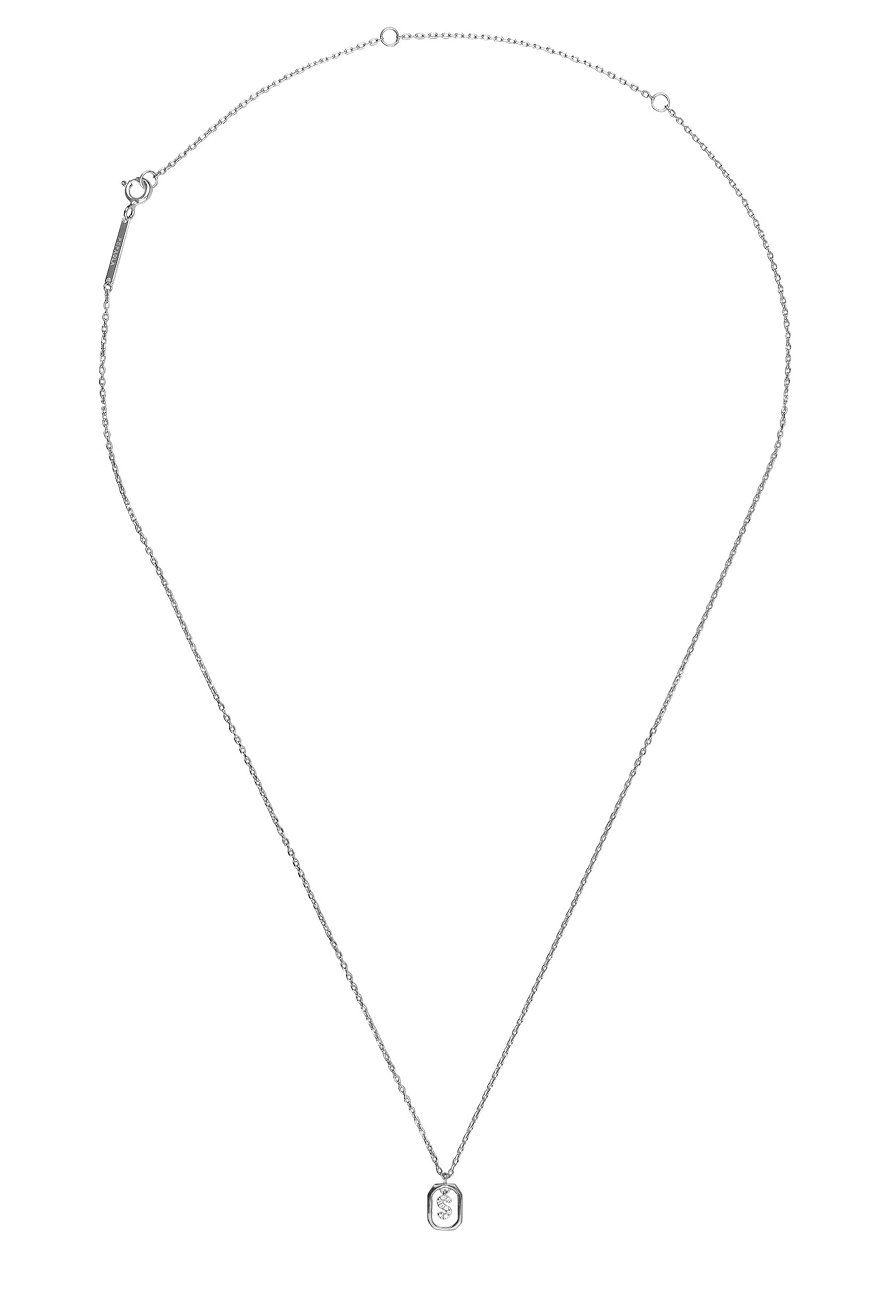 Die PDPaola Halskette - The Mini Letter S ist eine zarte 925er Sterlingsilber-Halskette mit einem kleinen rechteckigen Anhänger mit einem eingravierten S, hergestellt von PDPaola.