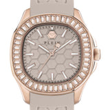 Beige-goldene Philipp Plein Armbanduhr - The Spectre mit sechseckigem Muster auf dem Zifferblatt und texturiertem Silikonarmband: Eine elegante Wahl für stilbewusste Frauen.
