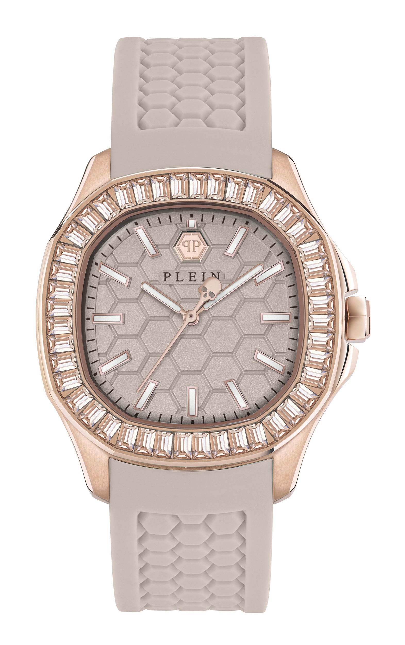 Beige-goldene Philipp Plein Armbanduhr - The Spectre mit sechseckigem Muster auf dem Zifferblatt und texturiertem Silikonarmband: Eine elegante Wahl für stilbewusste Frauen.